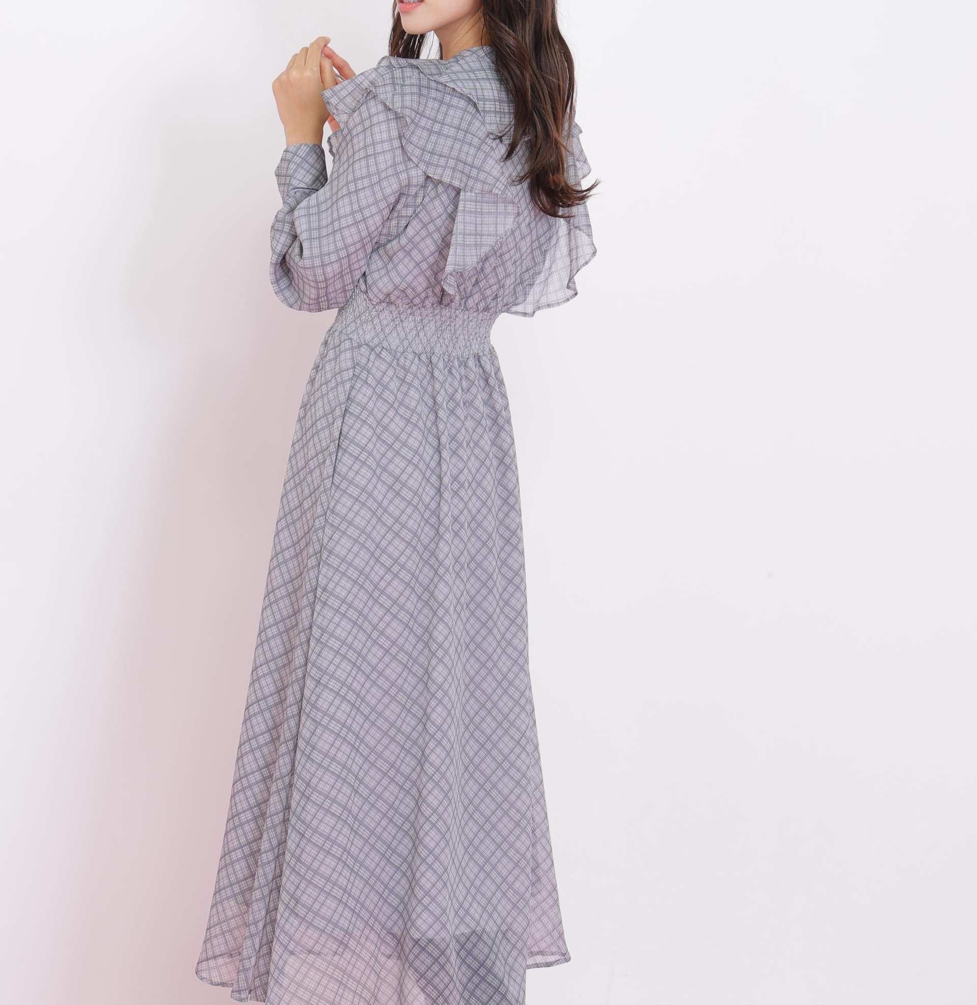ベロア配色チェックラッフルワンピース グレー1