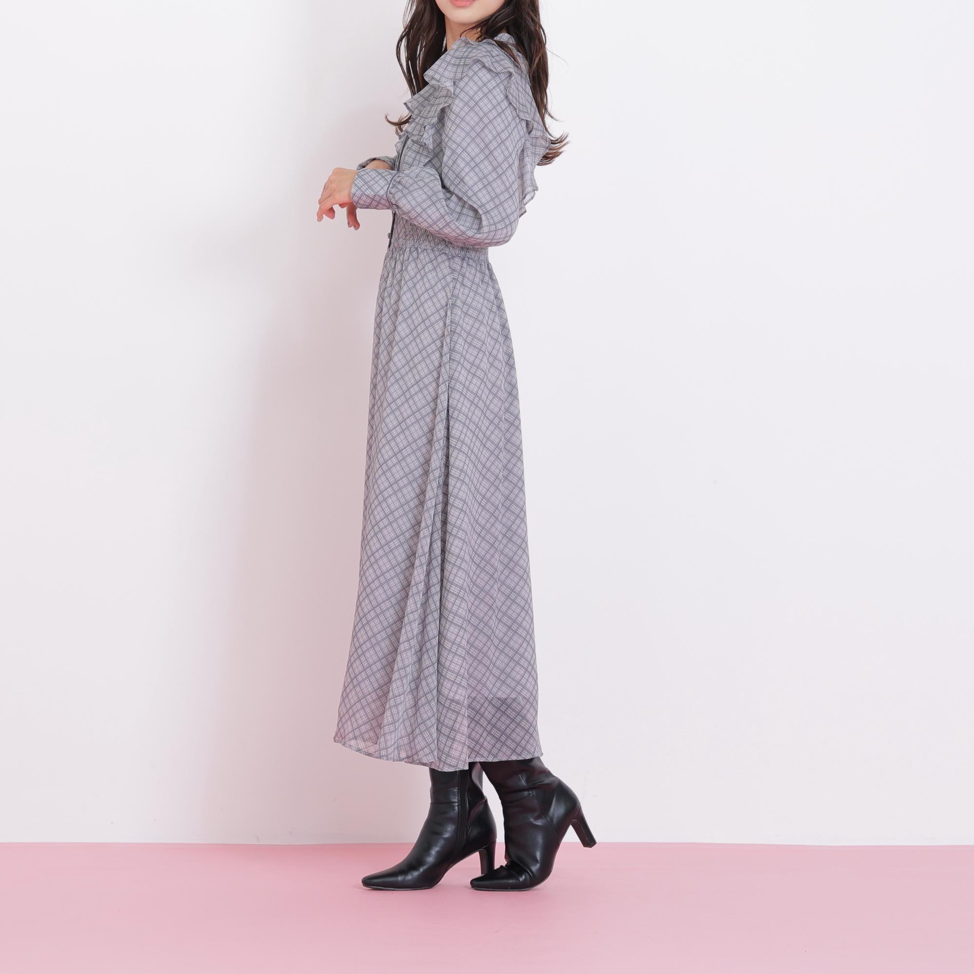 ベロア配色チェックラッフルワンピース グレー1