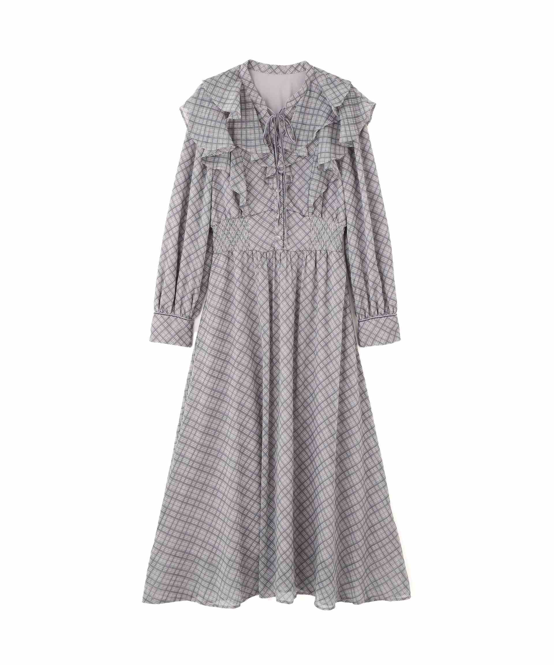 ベロア配色チェックラッフルワンピース グレー1