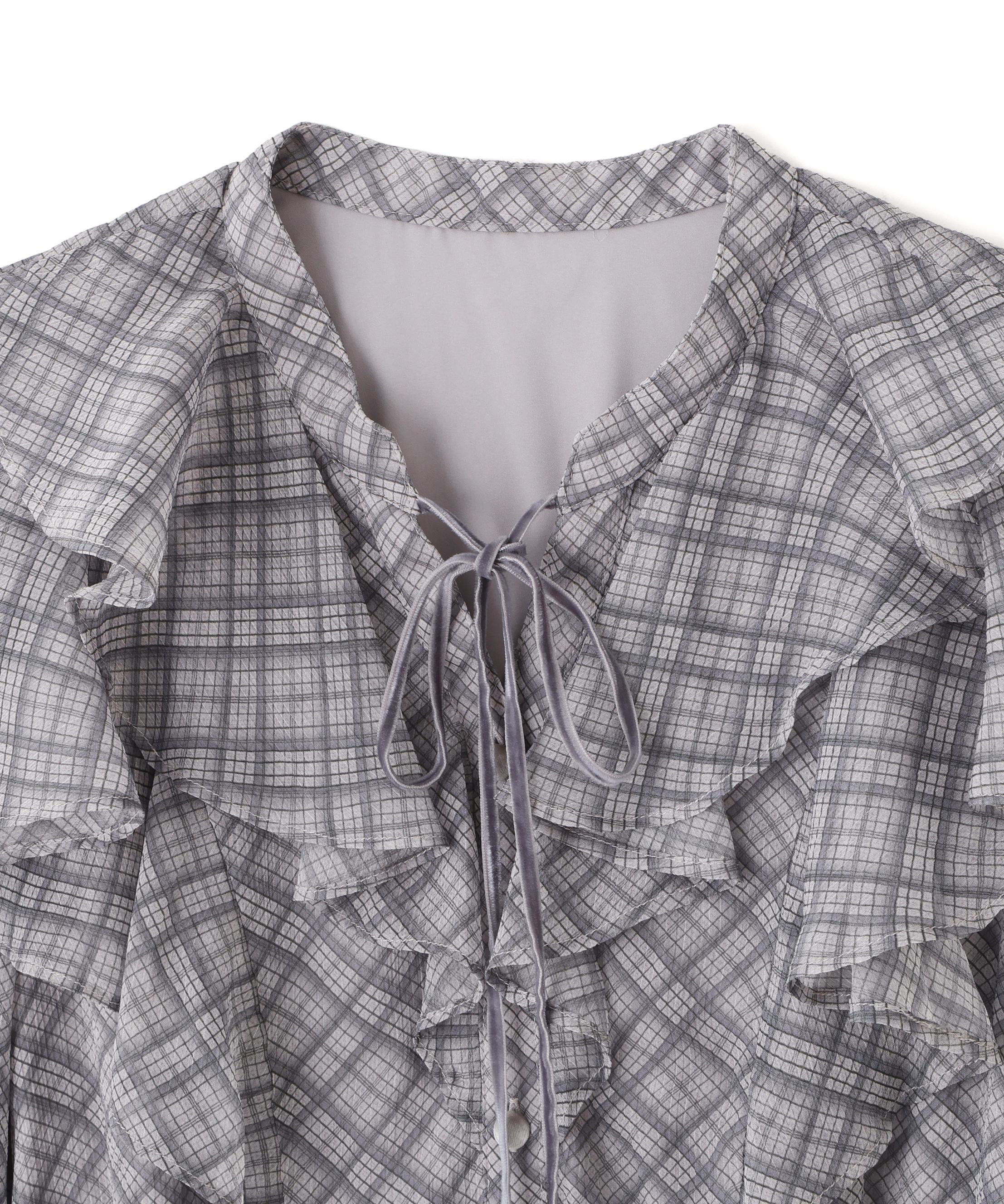 ベロア配色チェックラッフルワンピース グレー1