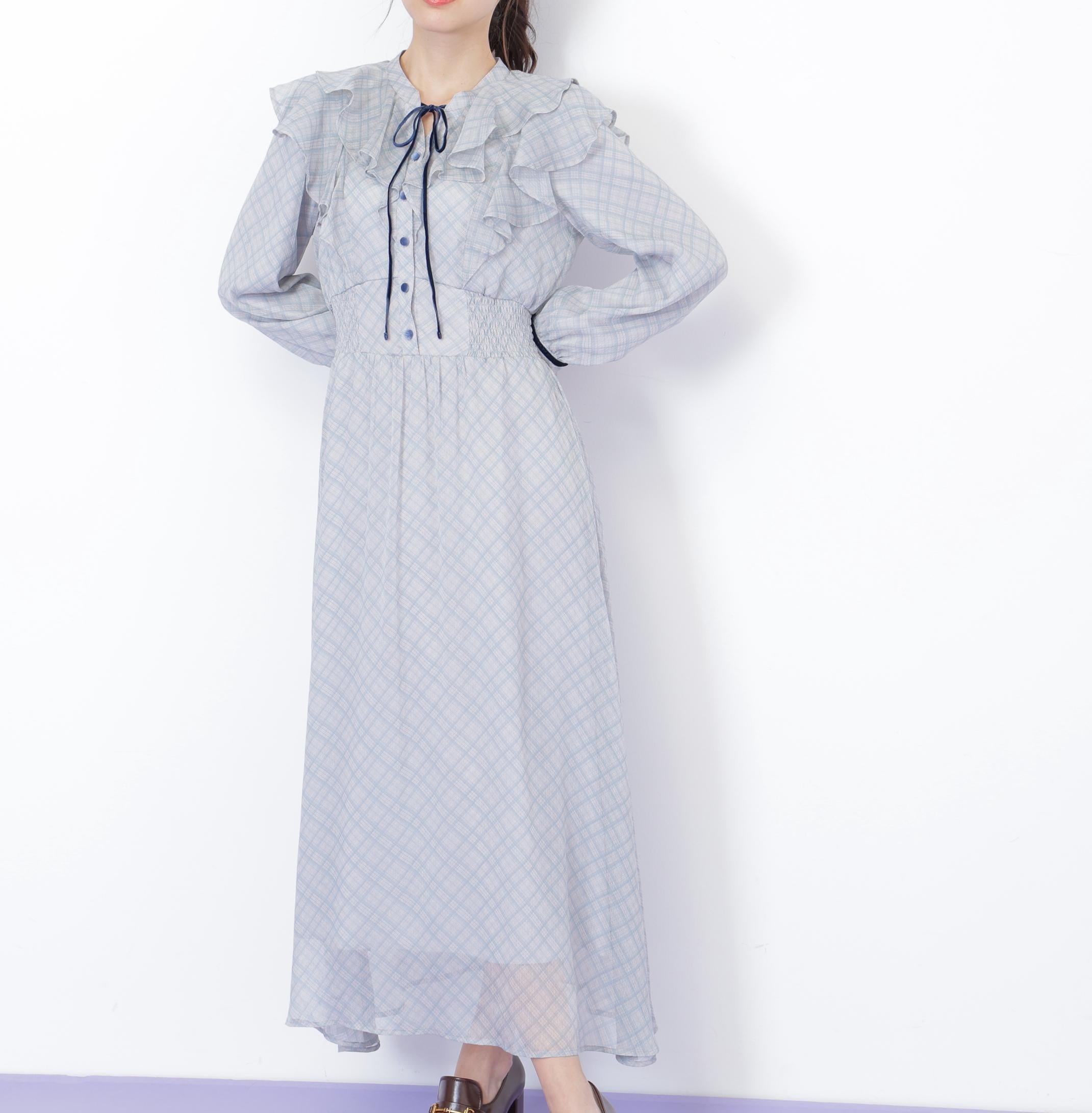 ベロア配色チェックラッフルワンピース グリーン1