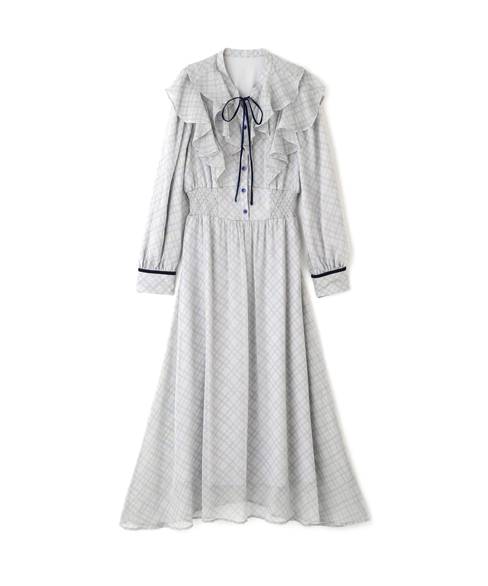 ベロア配色チェックラッフルワンピース グリーン1