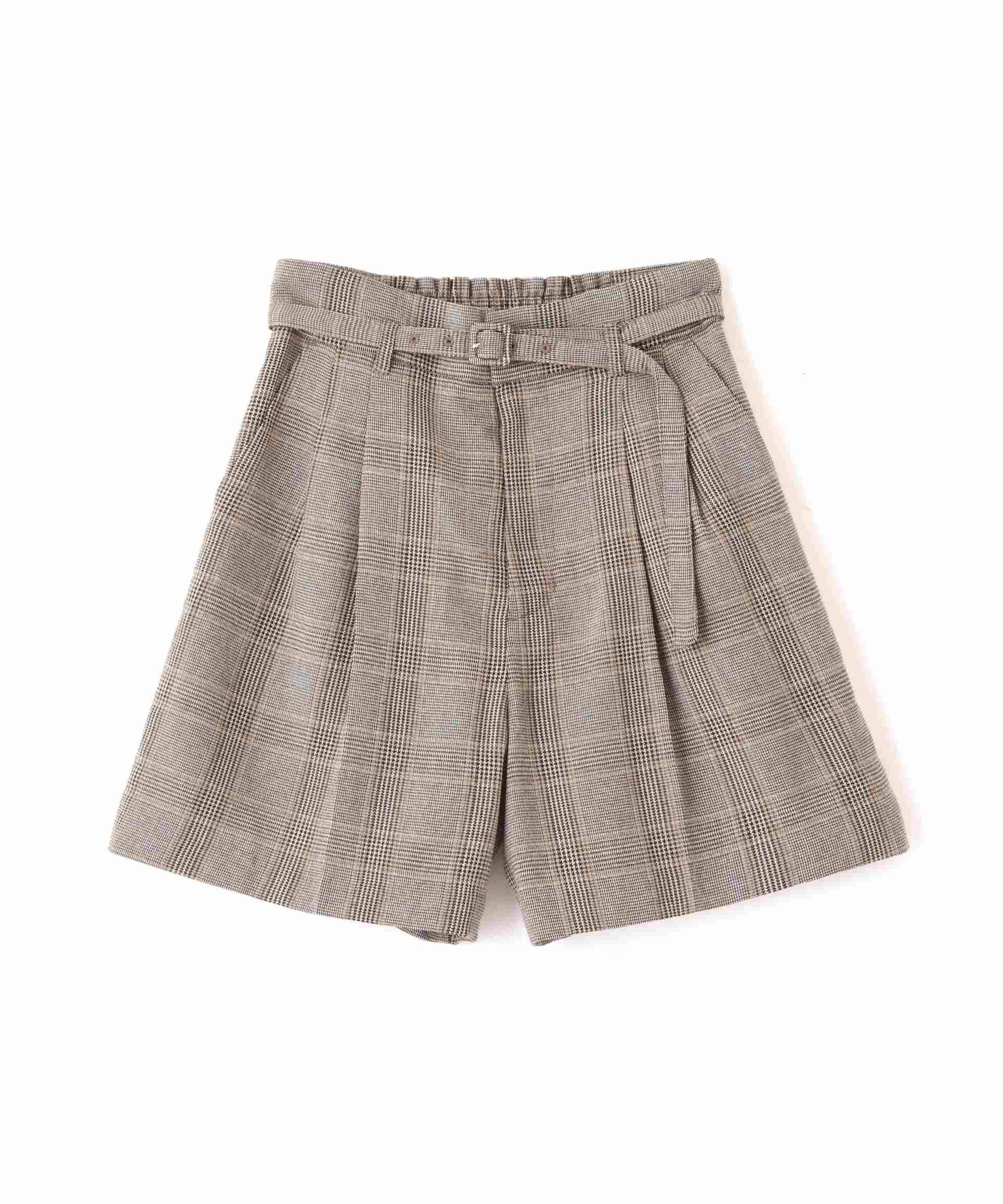 麻調合繊タックベルト付きショートパンツ グレーチェック1