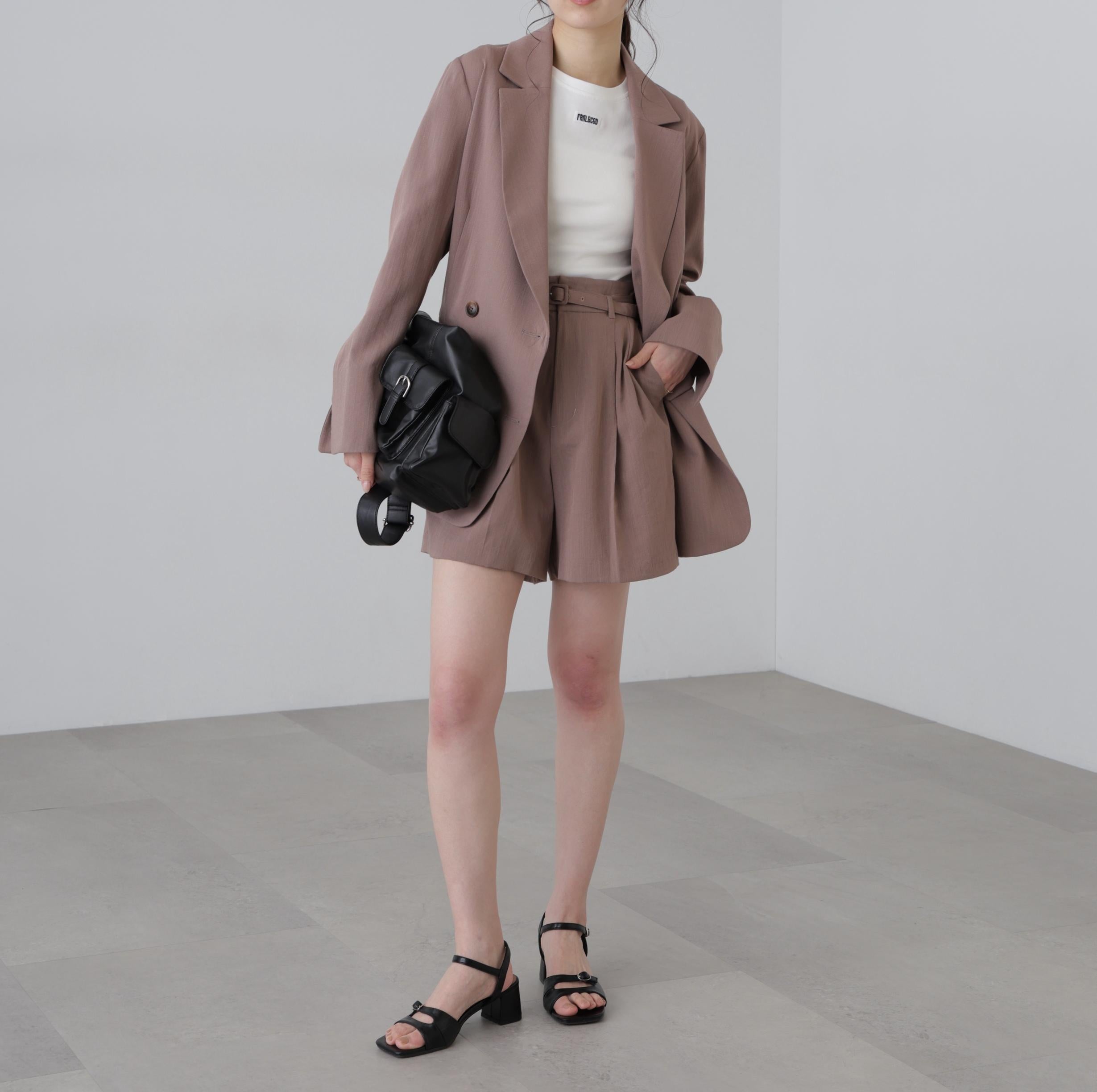 麻調合繊タックベルト付きショートパンツ モカベージュ