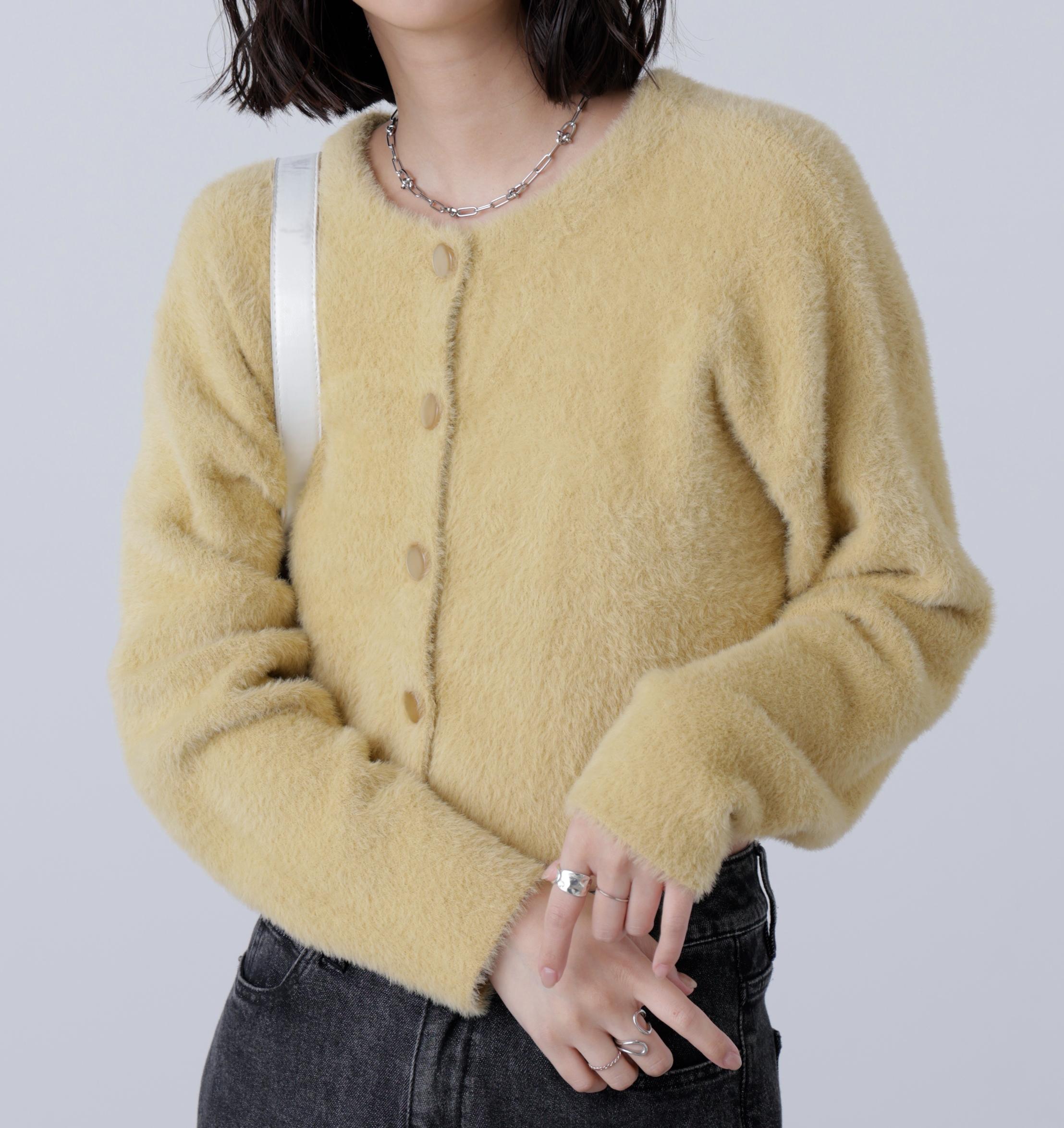 前後2wayショートシャギー短丈ニット イエロー