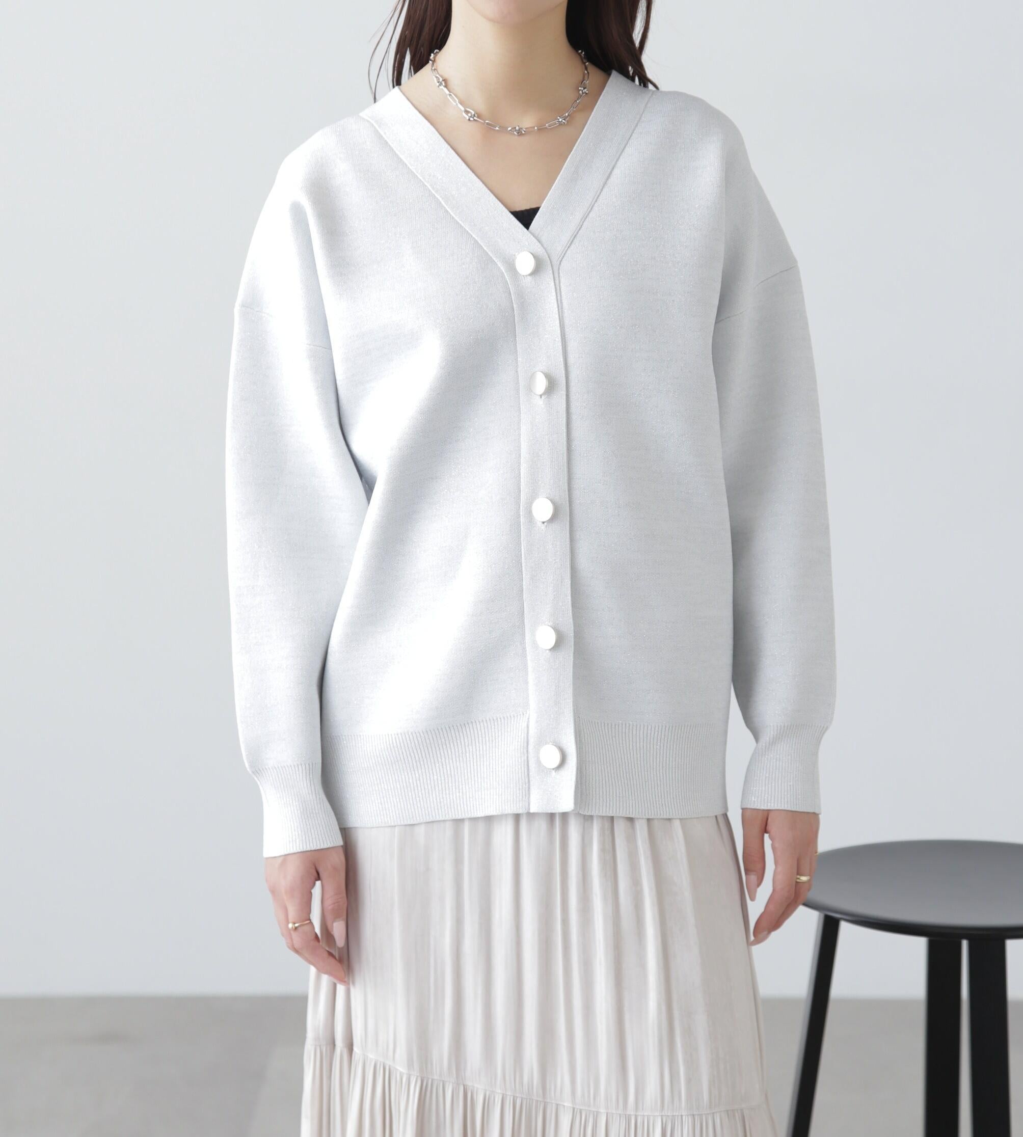 [MFM]ラメジャガード金ボタンカーディガン シロ