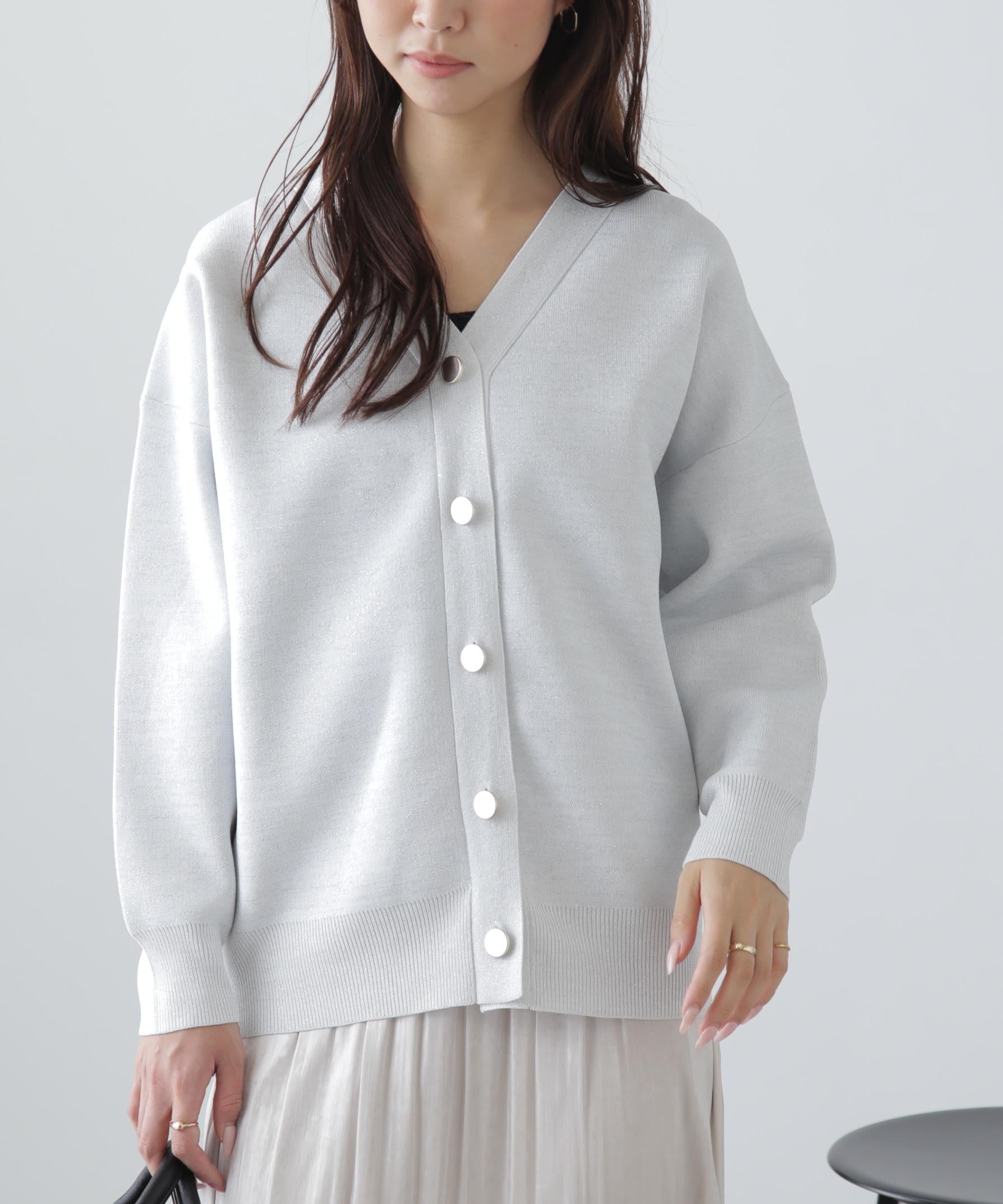 [MFM]ラメジャガード金ボタンカーディガン シロ