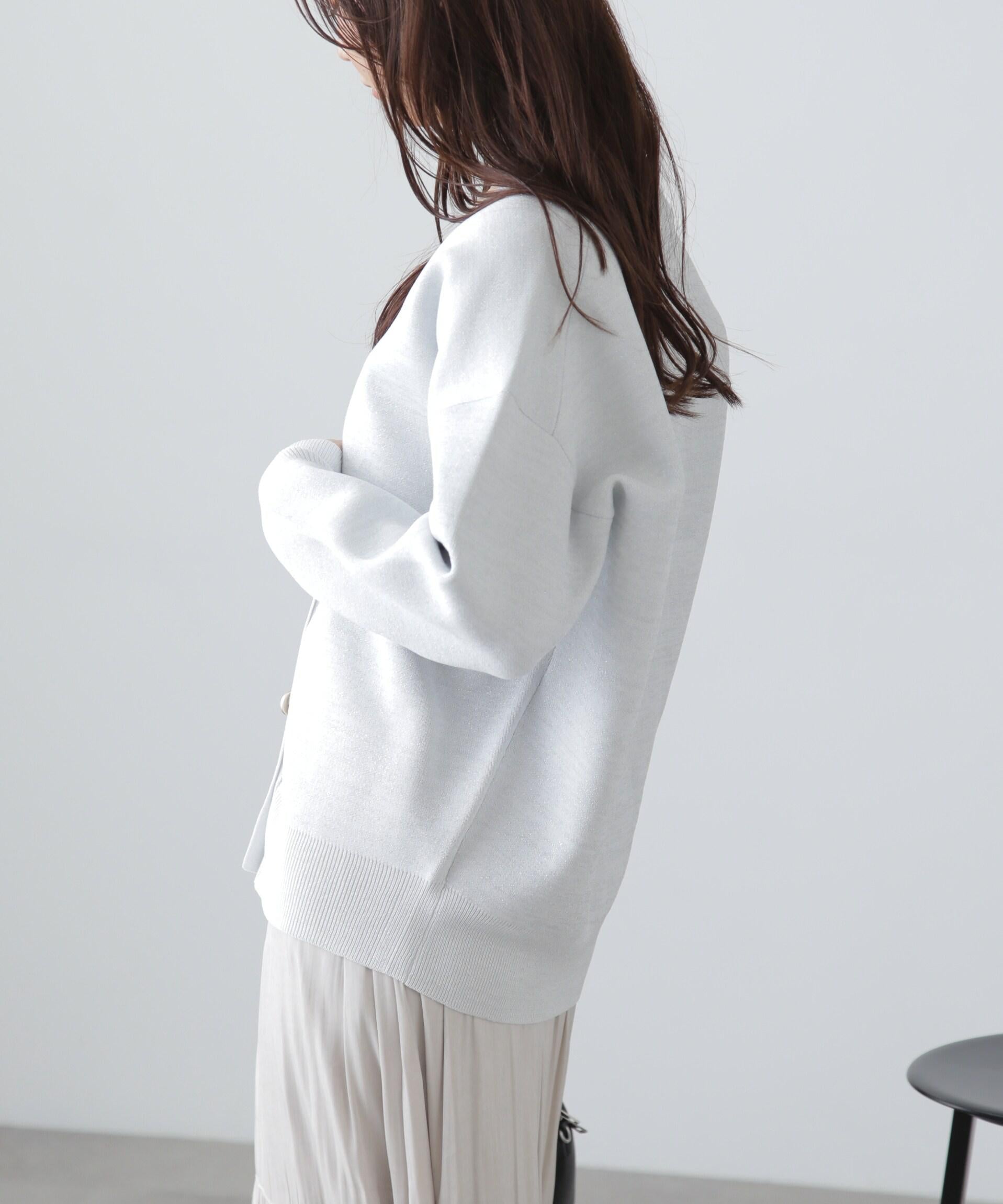 [MFM]ラメジャガード金ボタンカーディガン シロ