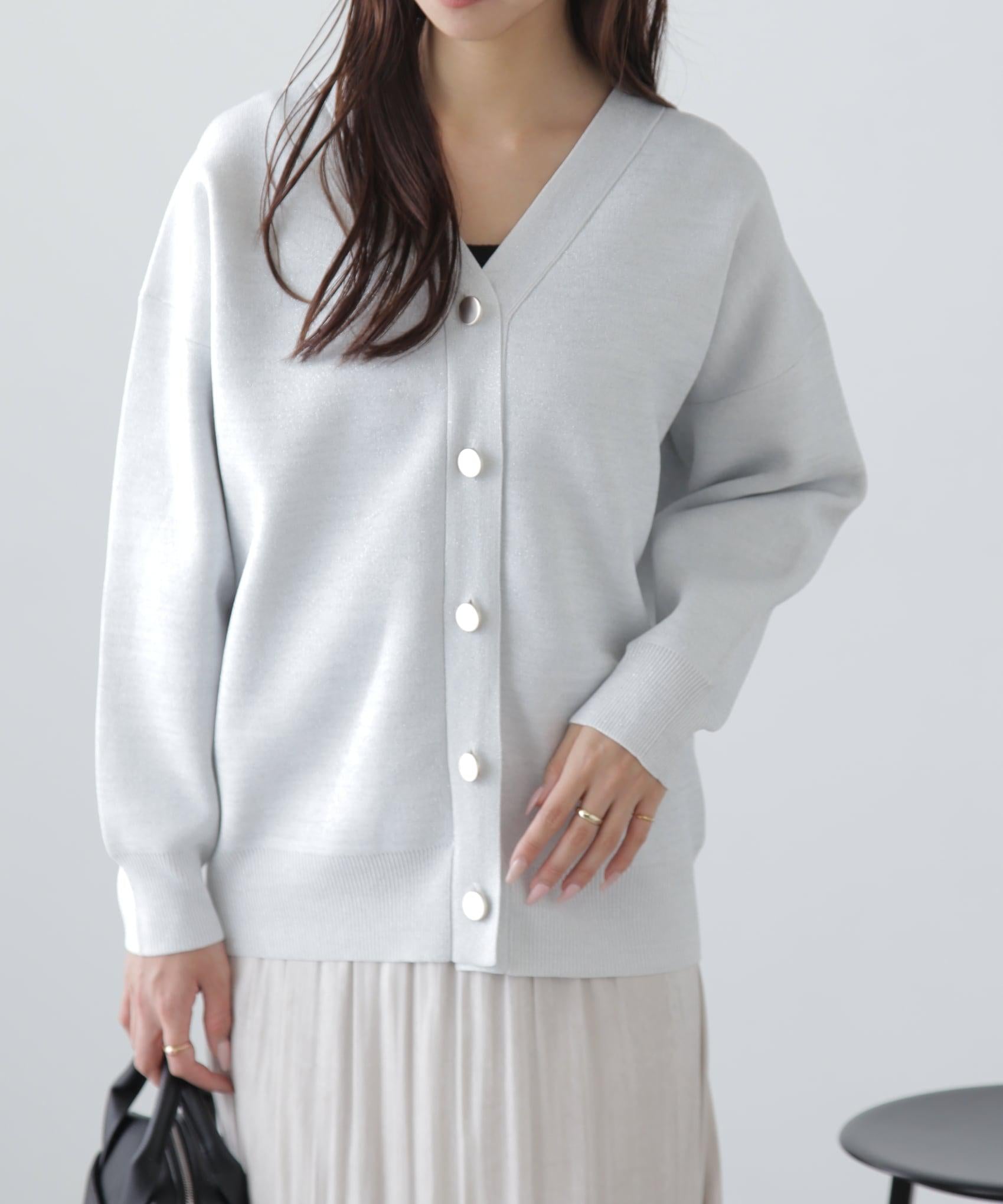 [MFM]ラメジャガード金ボタンカーディガン シロ