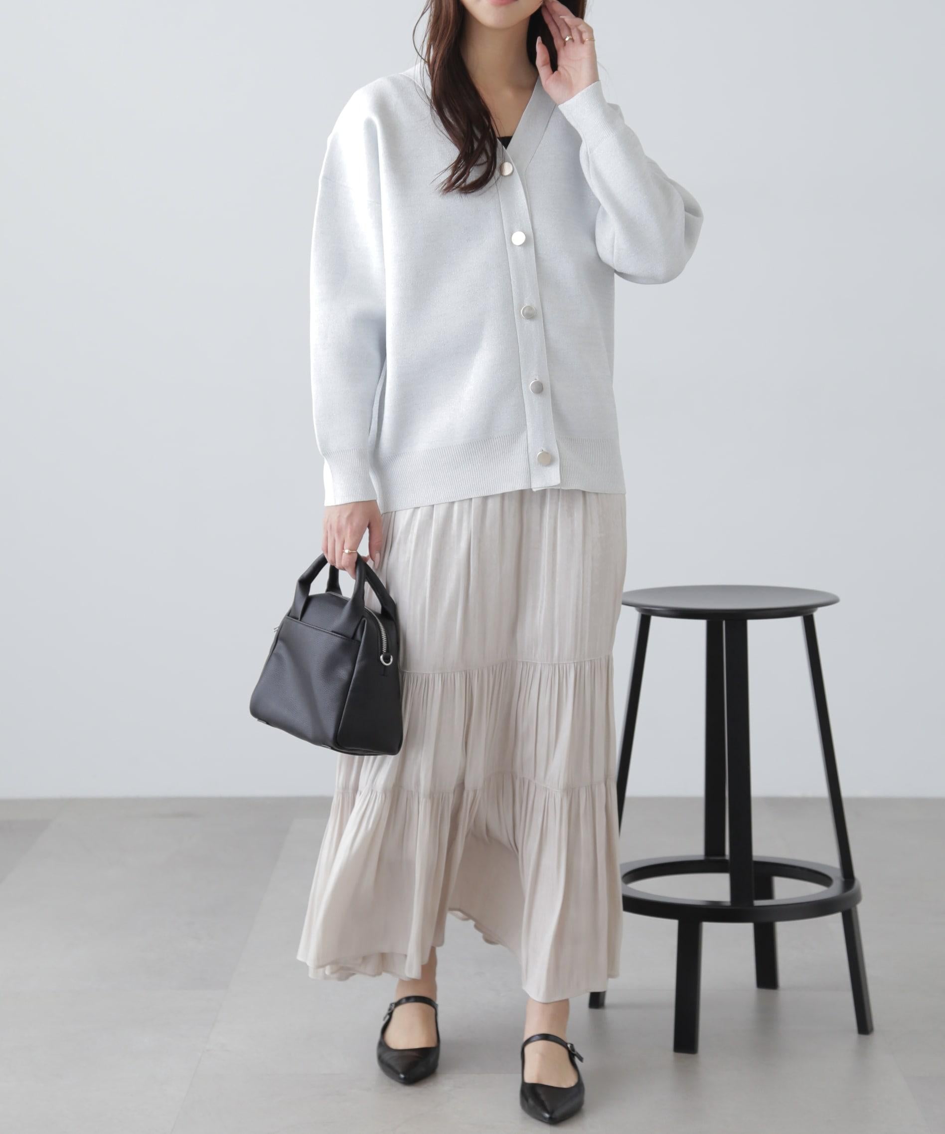 [MFM]ラメジャガード金ボタンカーディガン シロ