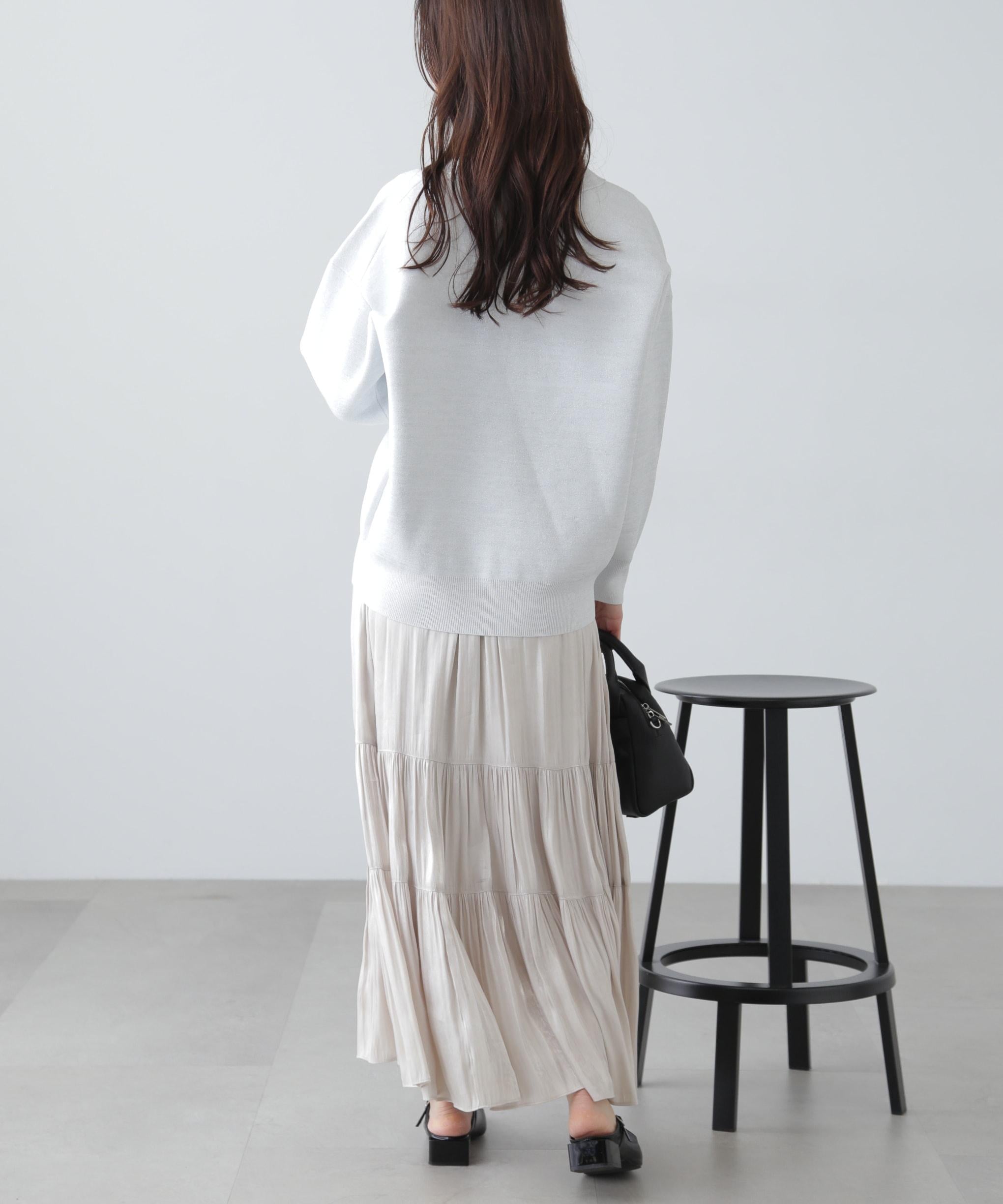 [MFM]ラメジャガード金ボタンカーディガン シロ