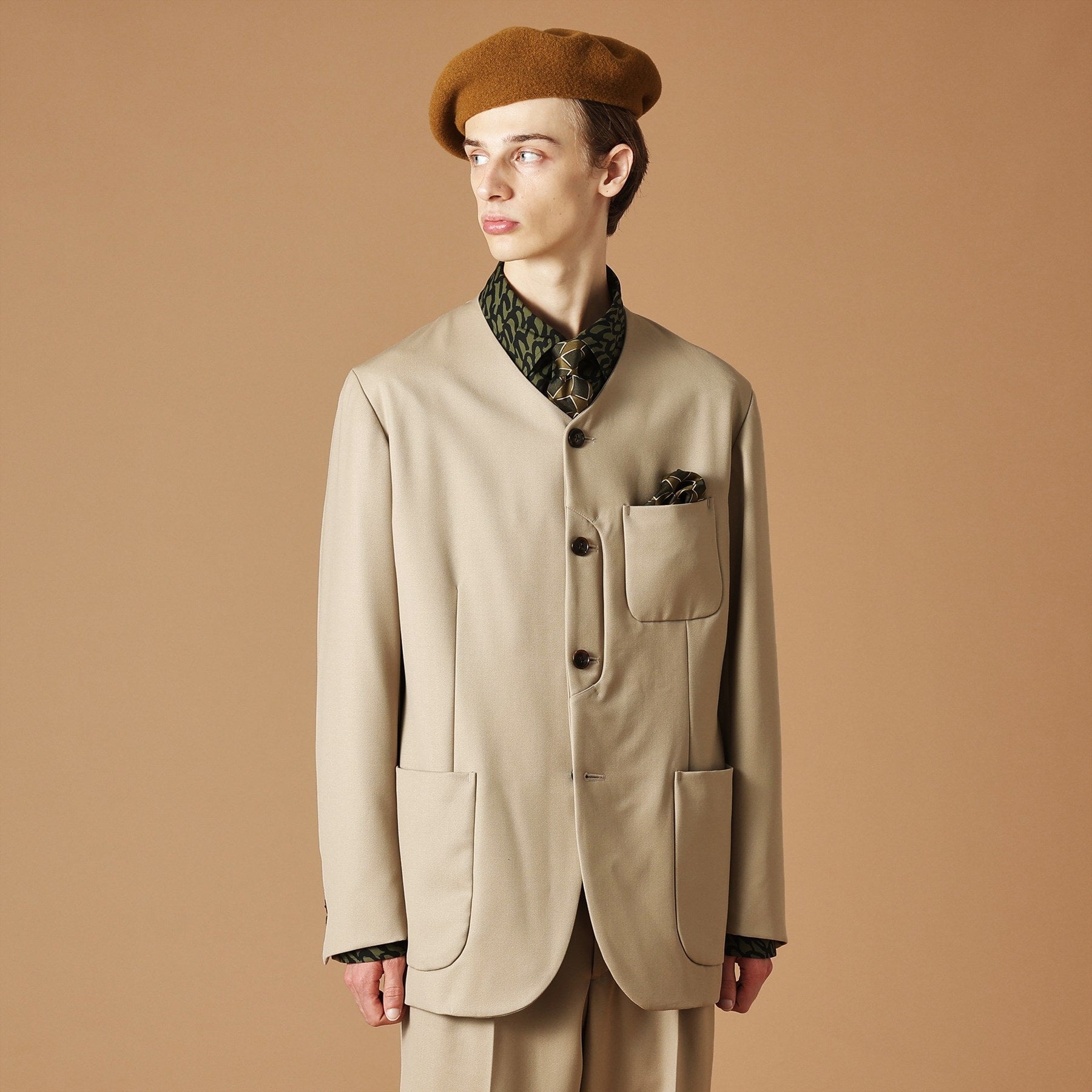 No Collar Jacket Wrinkled Gabardine