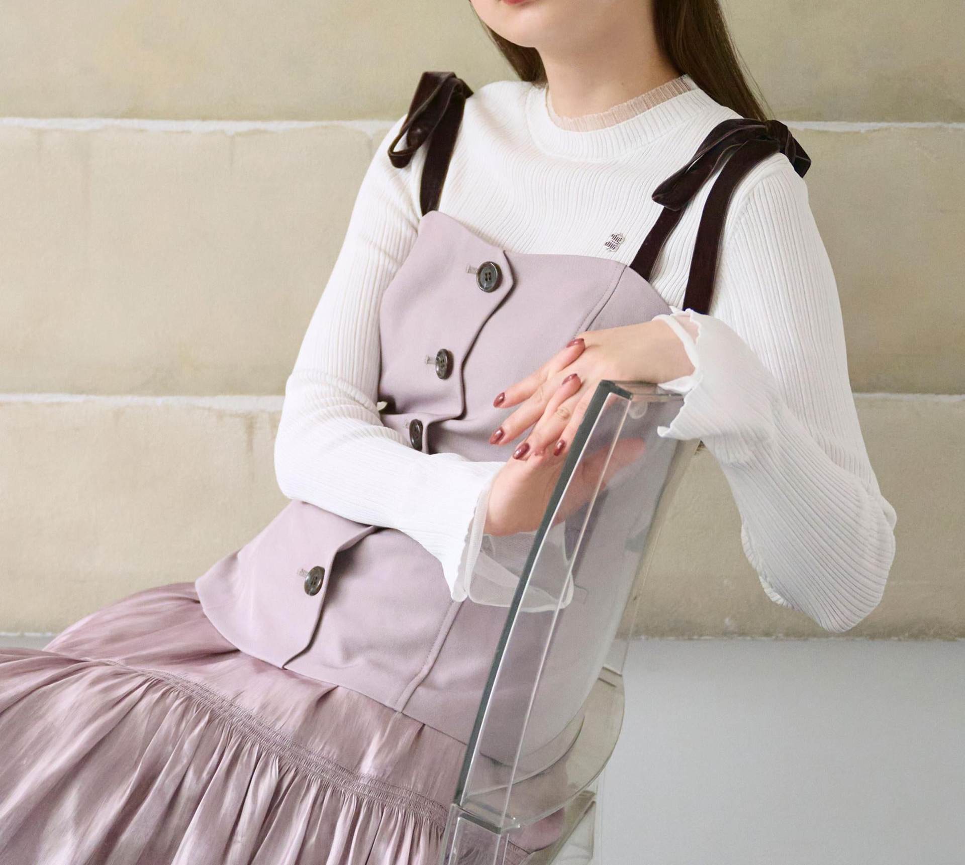 ＜セットアップ対応＞ベーシックツイルベロアリボンビスチェ モカ