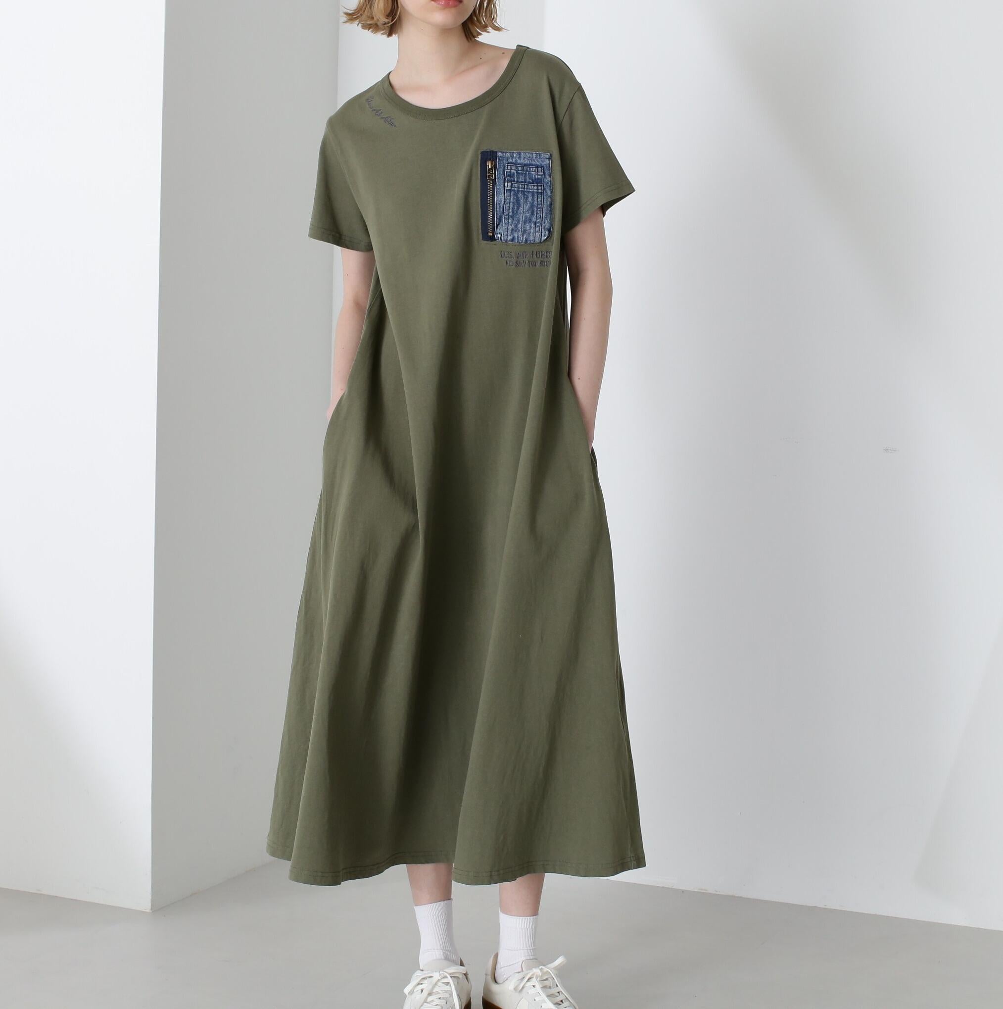 デニム ポケット フレア ワンピース/DENIM POCKET FLARE ONEPICE オリーブ
