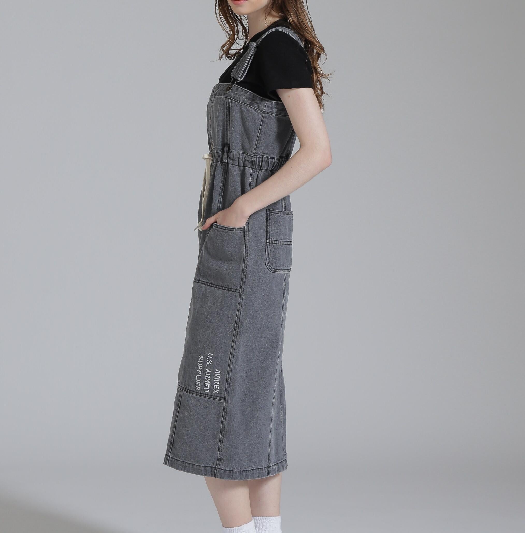 RELT P>INT DENIM JUMPE> SKI>T/ベルトプリントデニムジャンパースカート ブラック