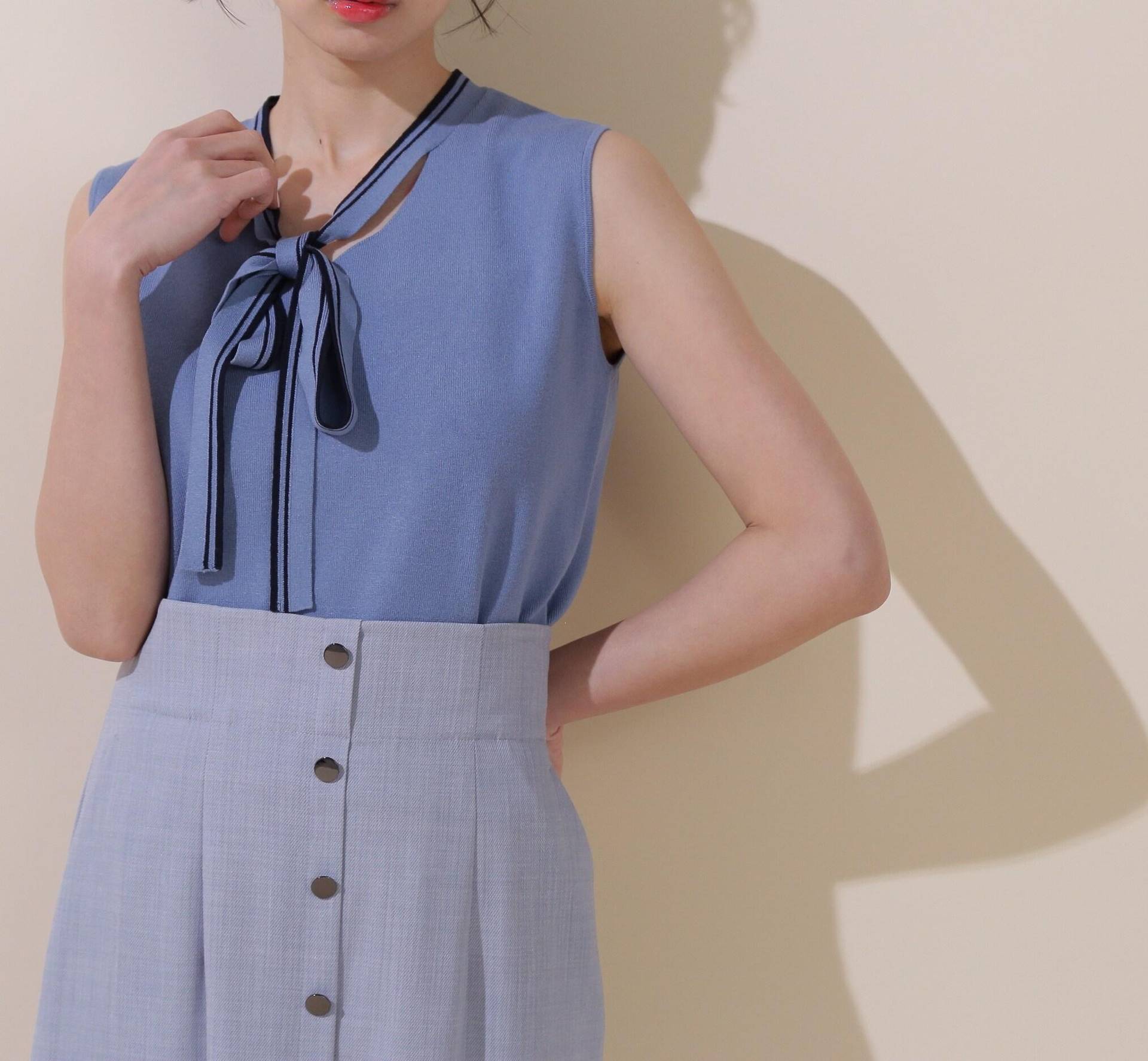 リボンボウタイノースリニットトップス ブルー