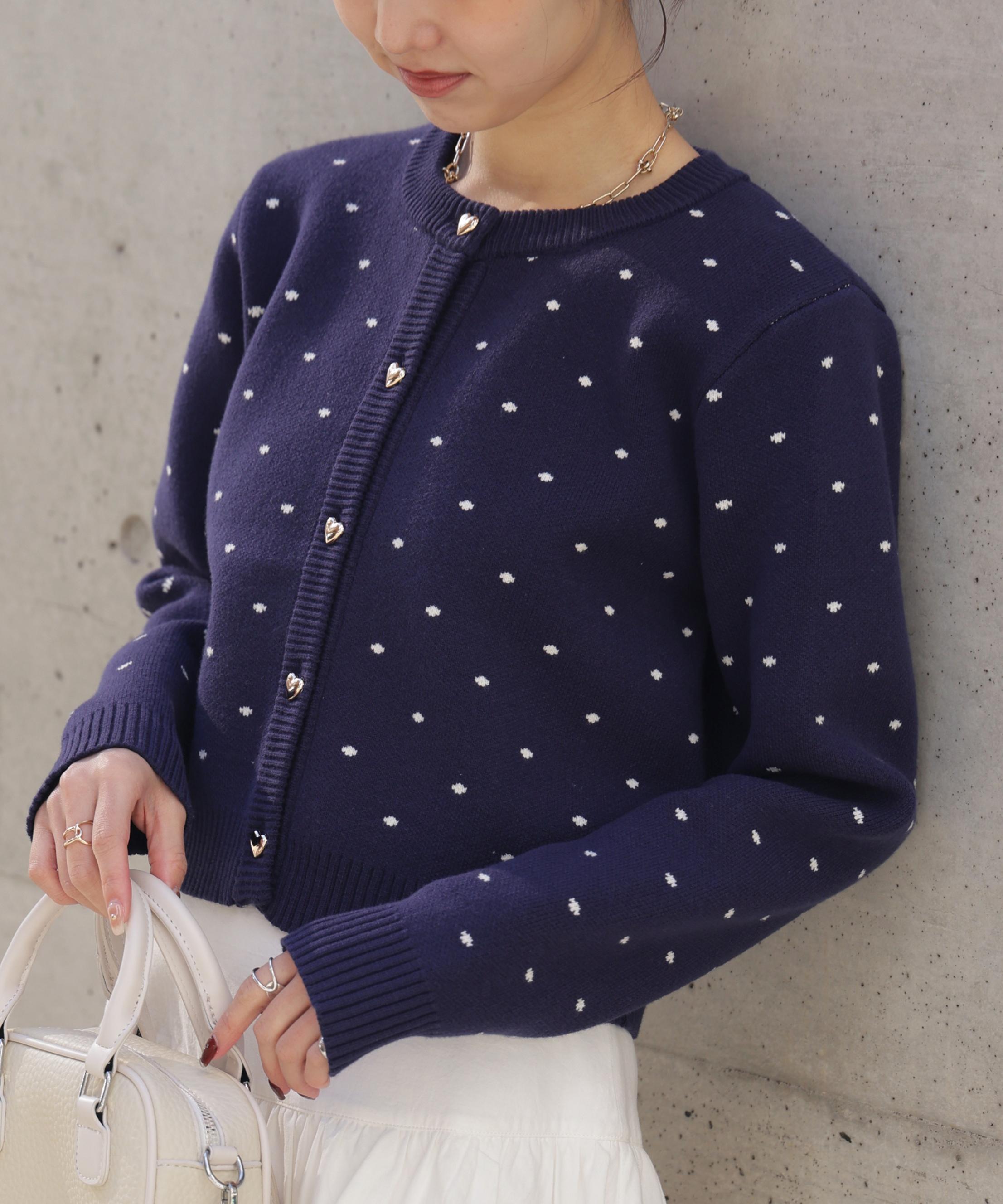 ハートボタンドット柄カーディガン ネイビー