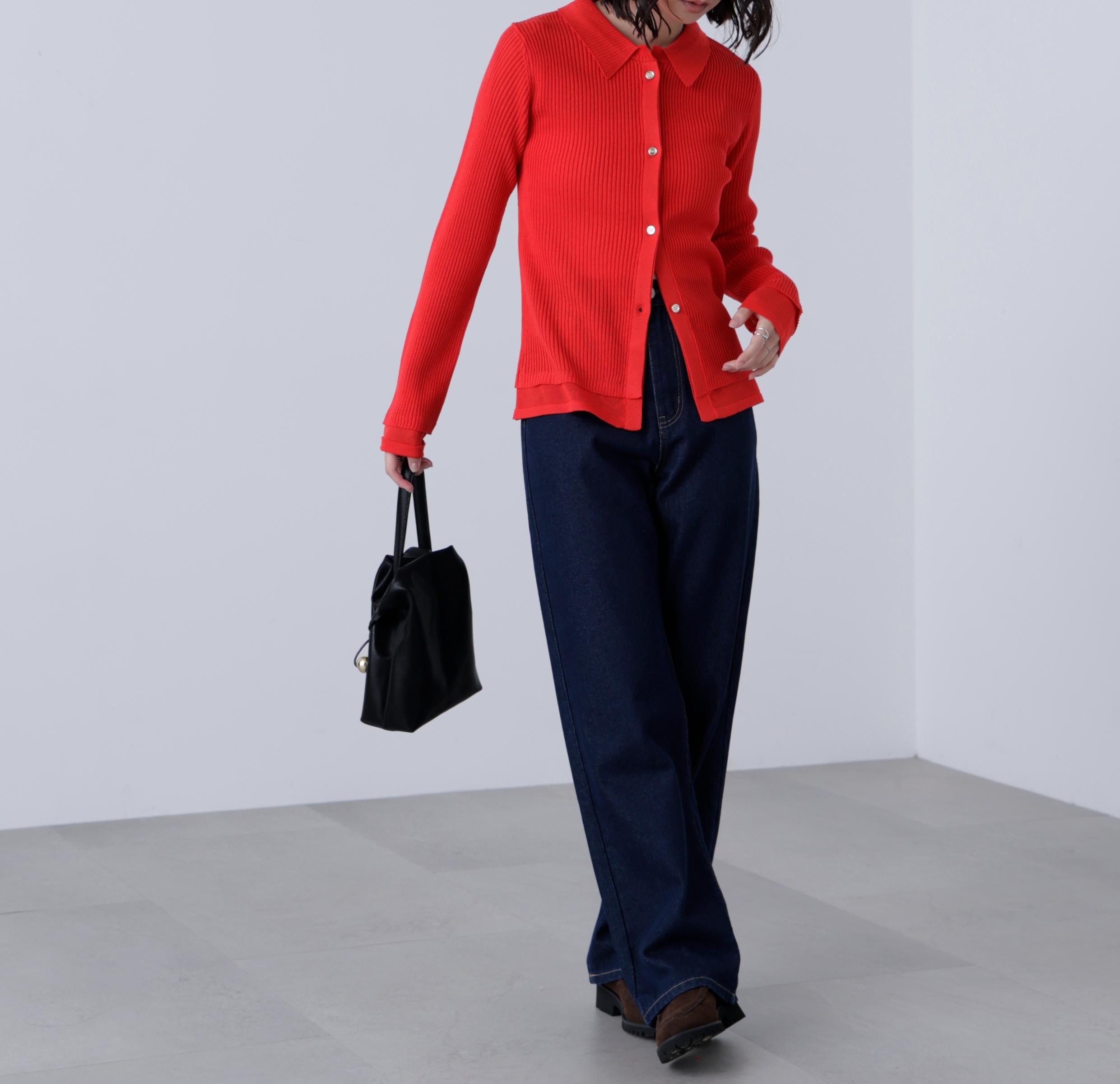 金ボタン襟リブニット レッド