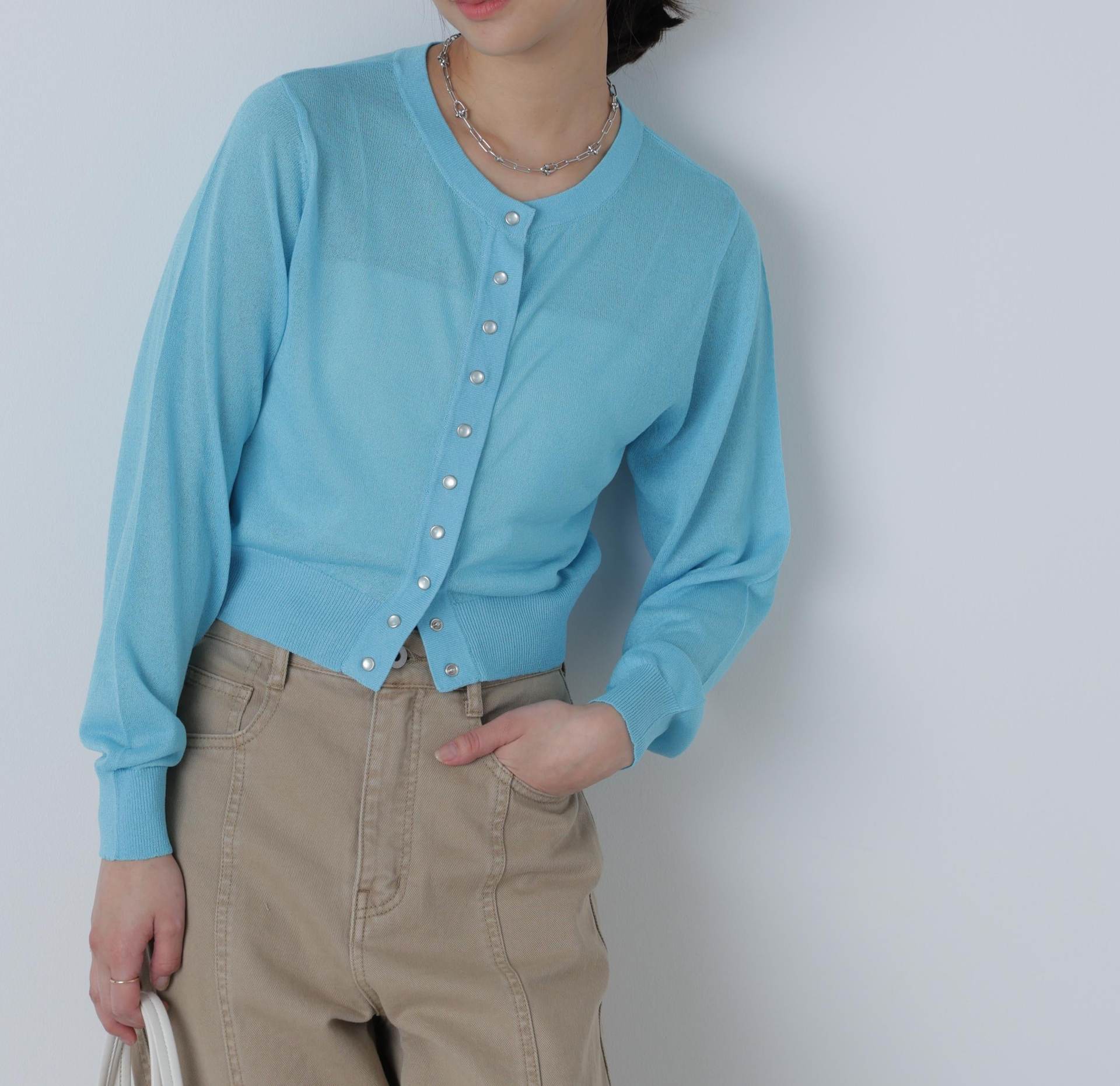 ドットボタンクルーネックカーディガン ブルー