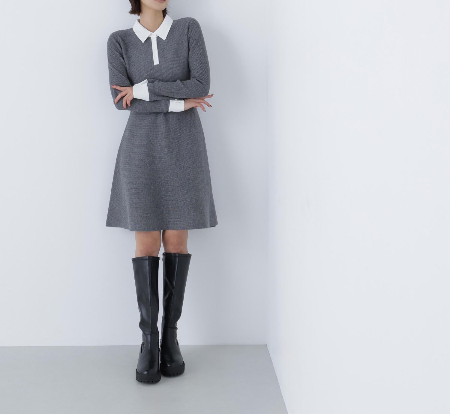 シャツカラーミニニットワンピース ウォームグレー