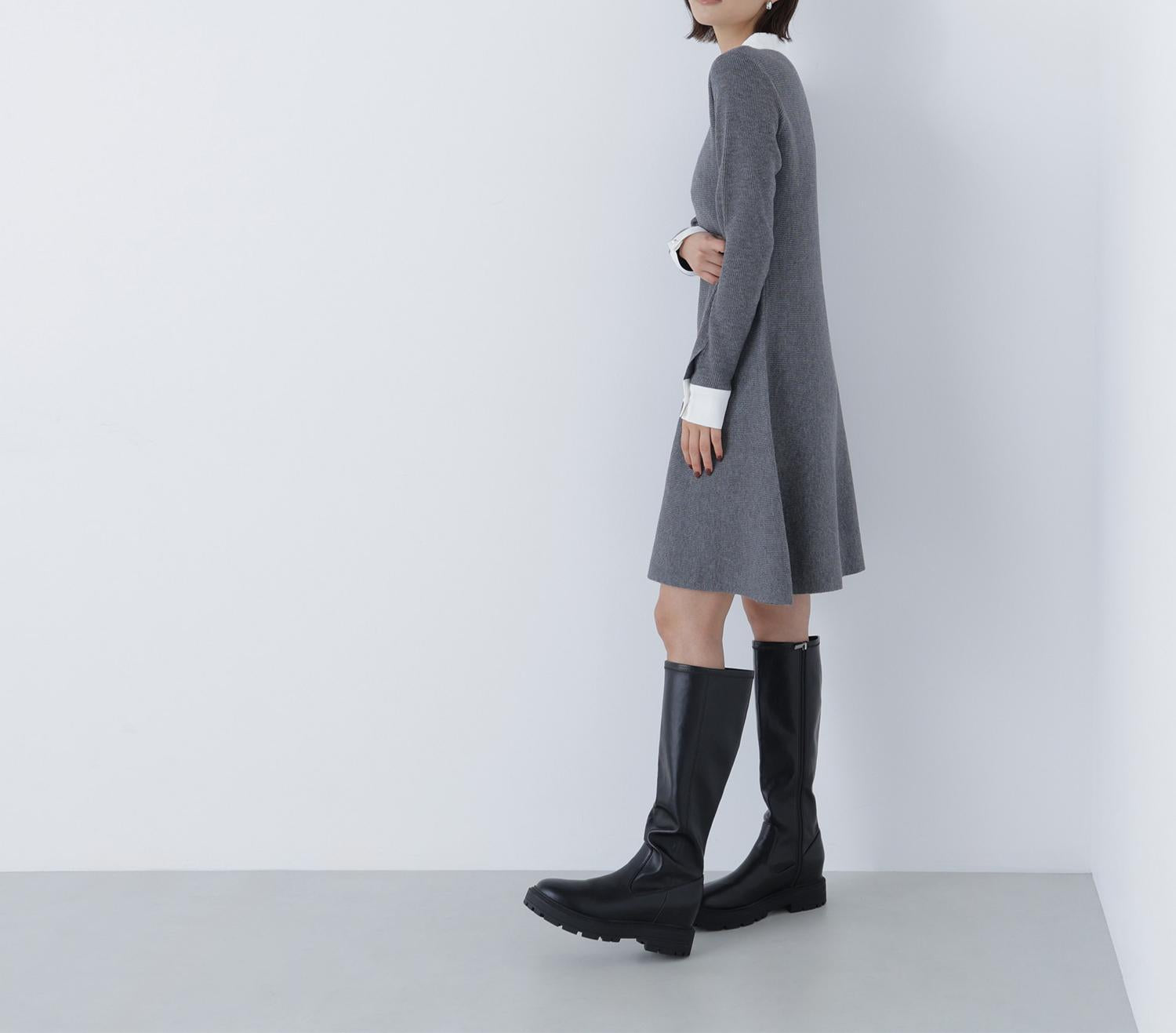 シャツカラーミニニットワンピース ウォームグレー