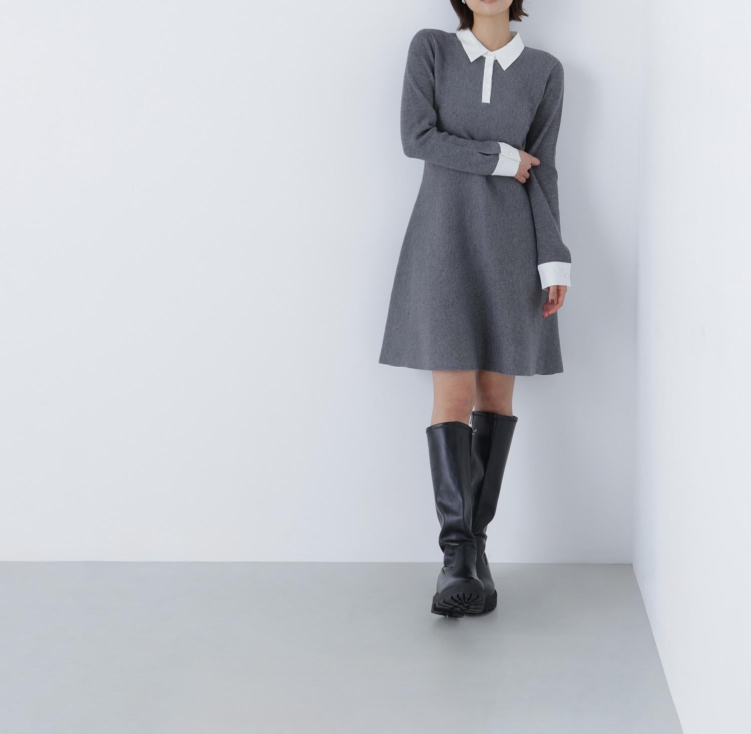 シャツカラーミニニットワンピース ウォームグレー