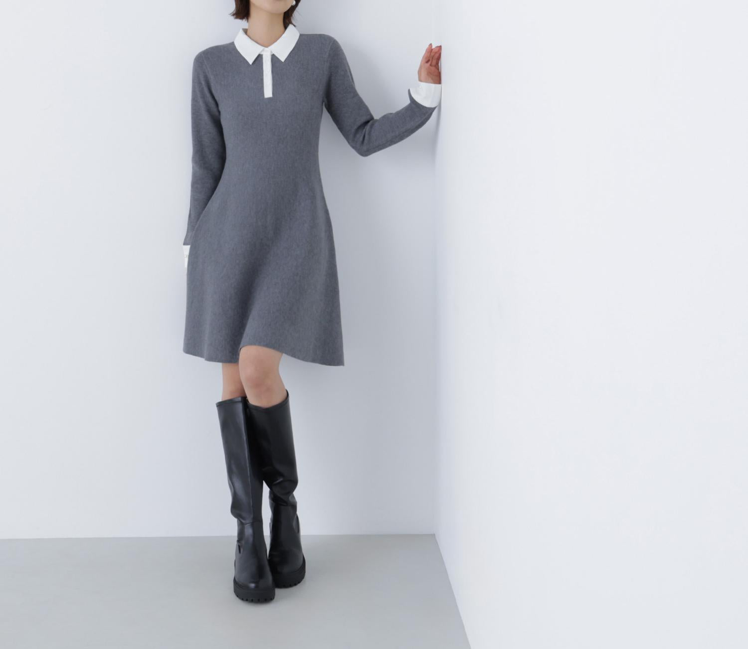 シャツカラーミニニットワンピース ウォームグレー