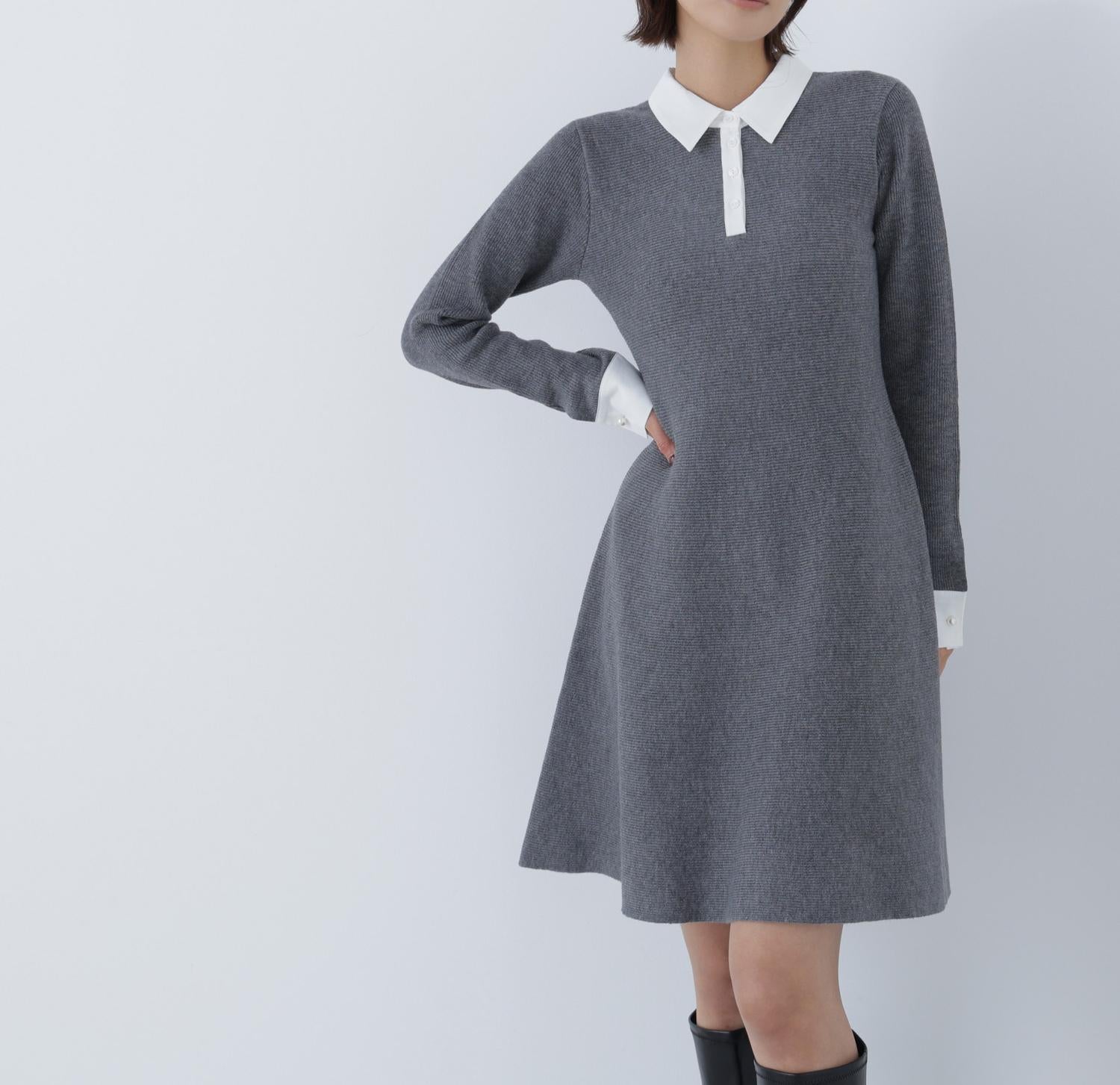 シャツカラーミニニットワンピース ウォームグレー