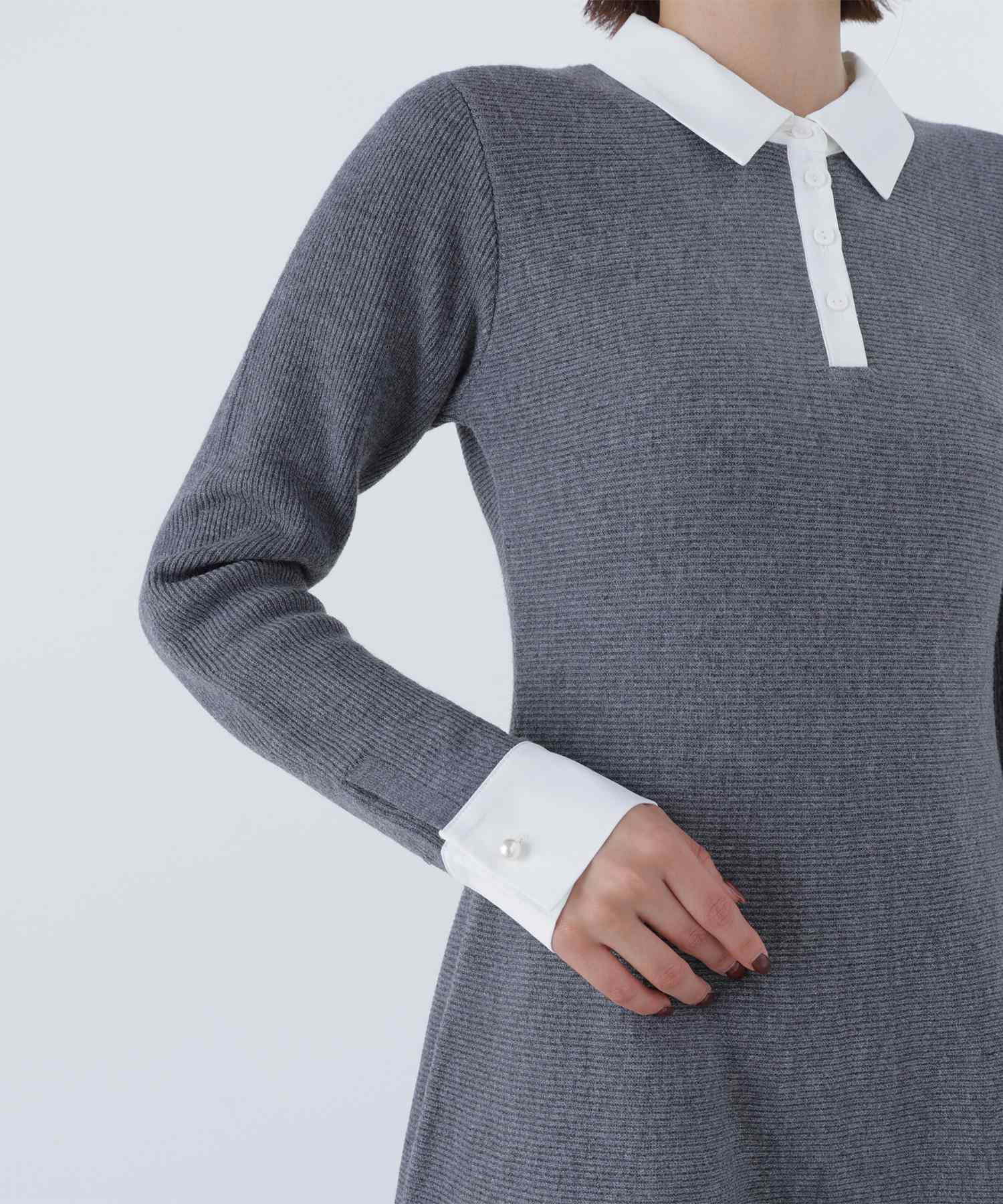 シャツカラーミニニットワンピース ウォームグレー