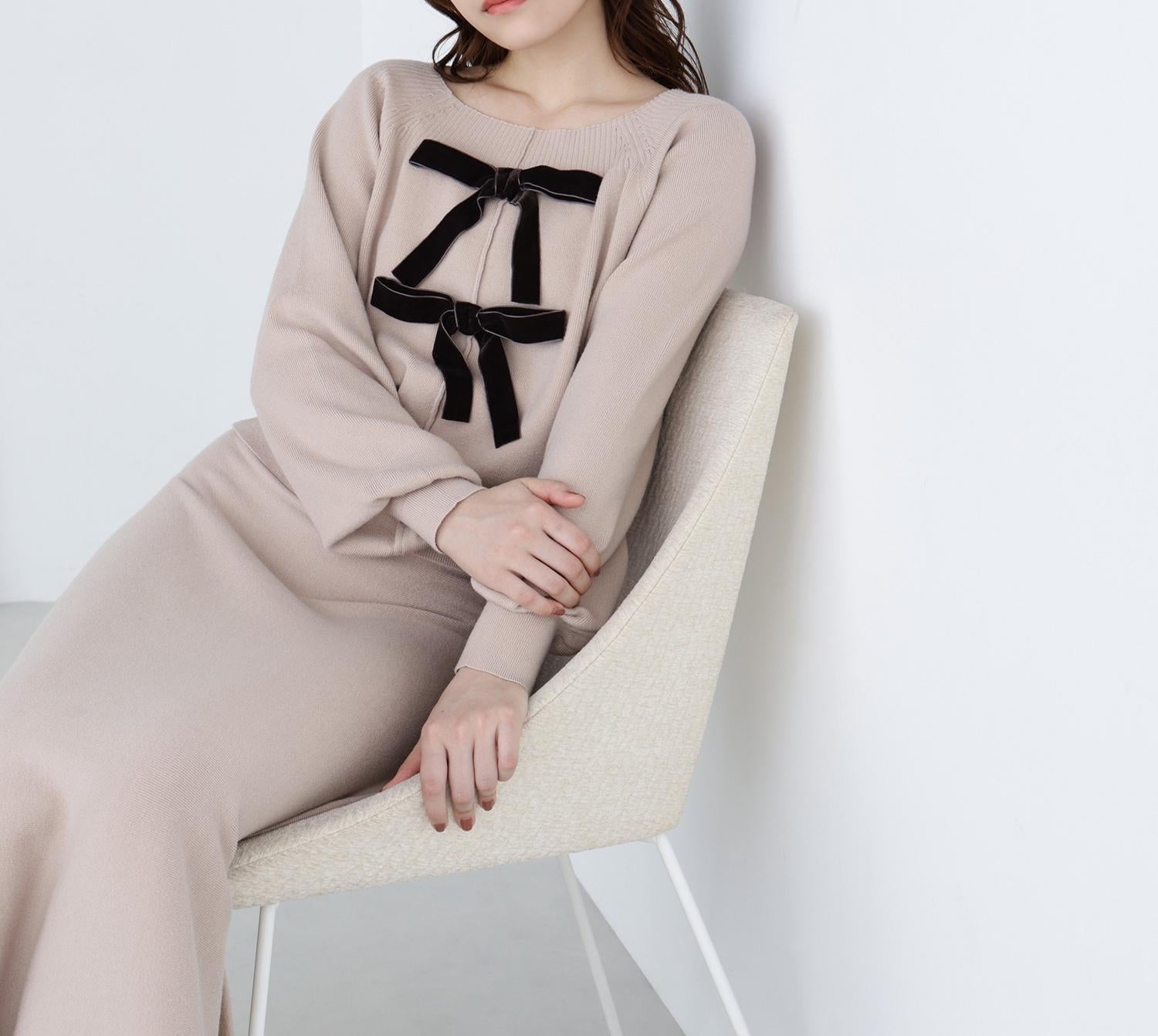 ベロアリボンニットセットアップ ベージュ