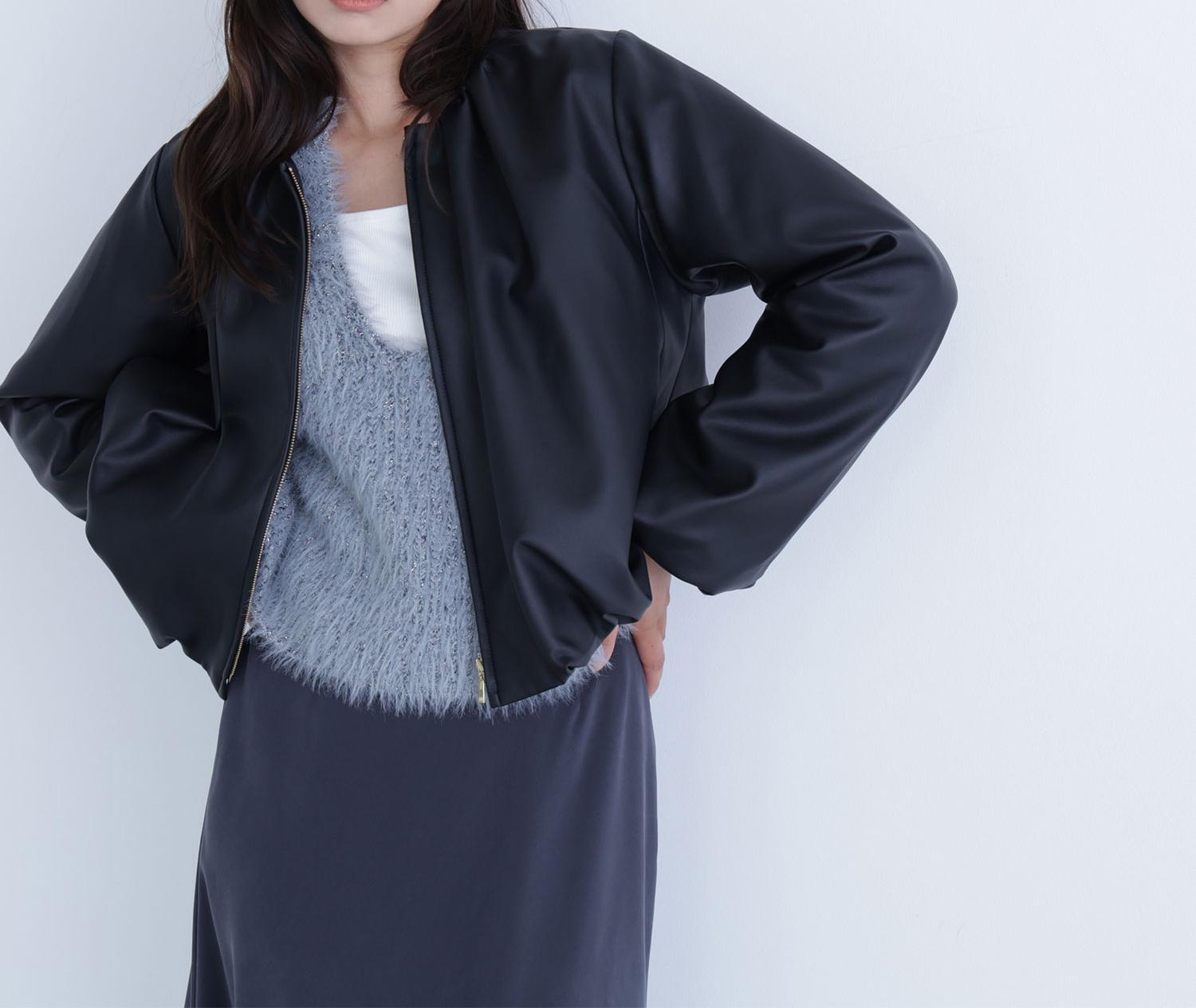 フェイクレザーギャザーブルゾン ブラック