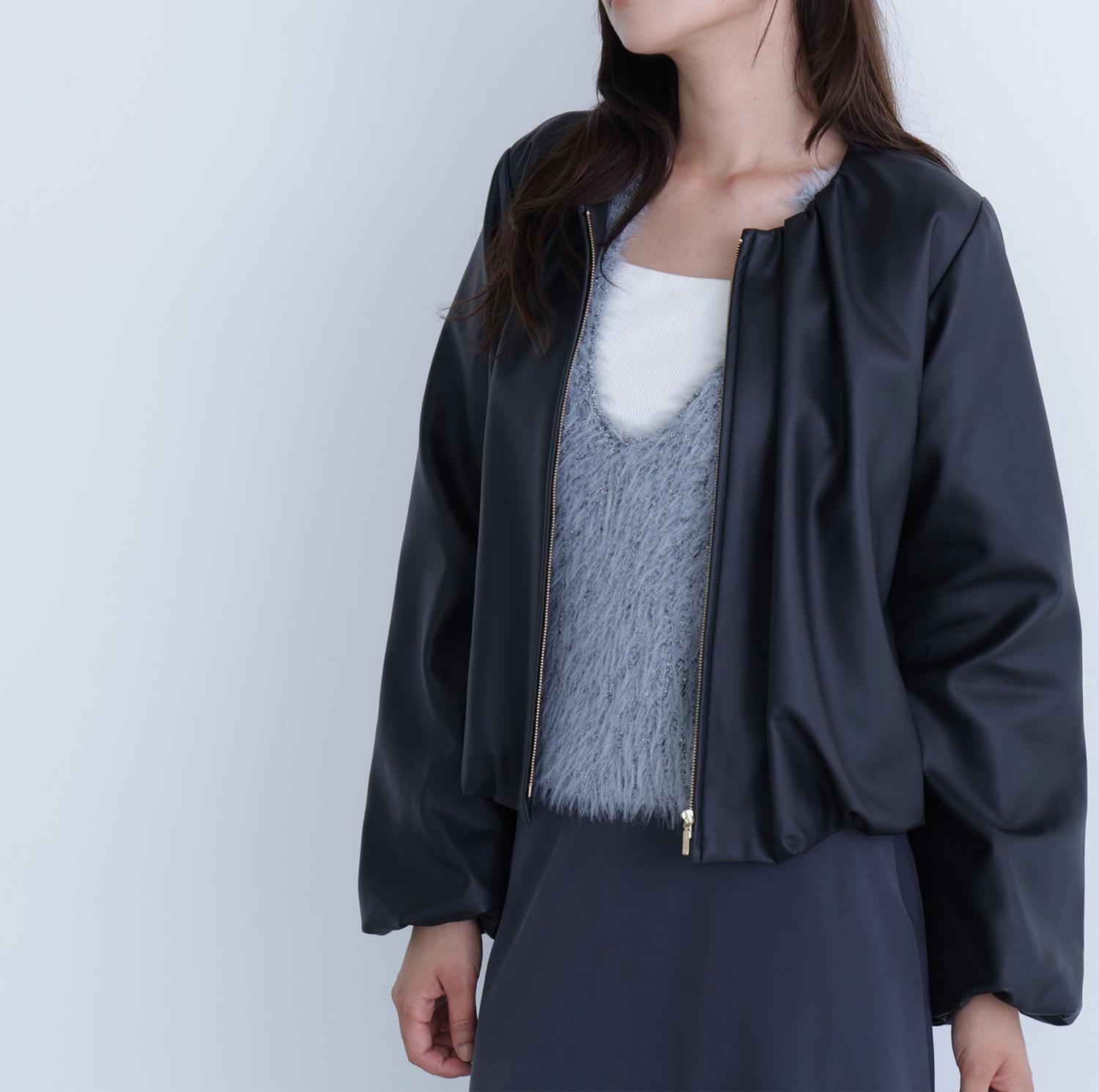 フェイクレザーギャザーブルゾン ブラック