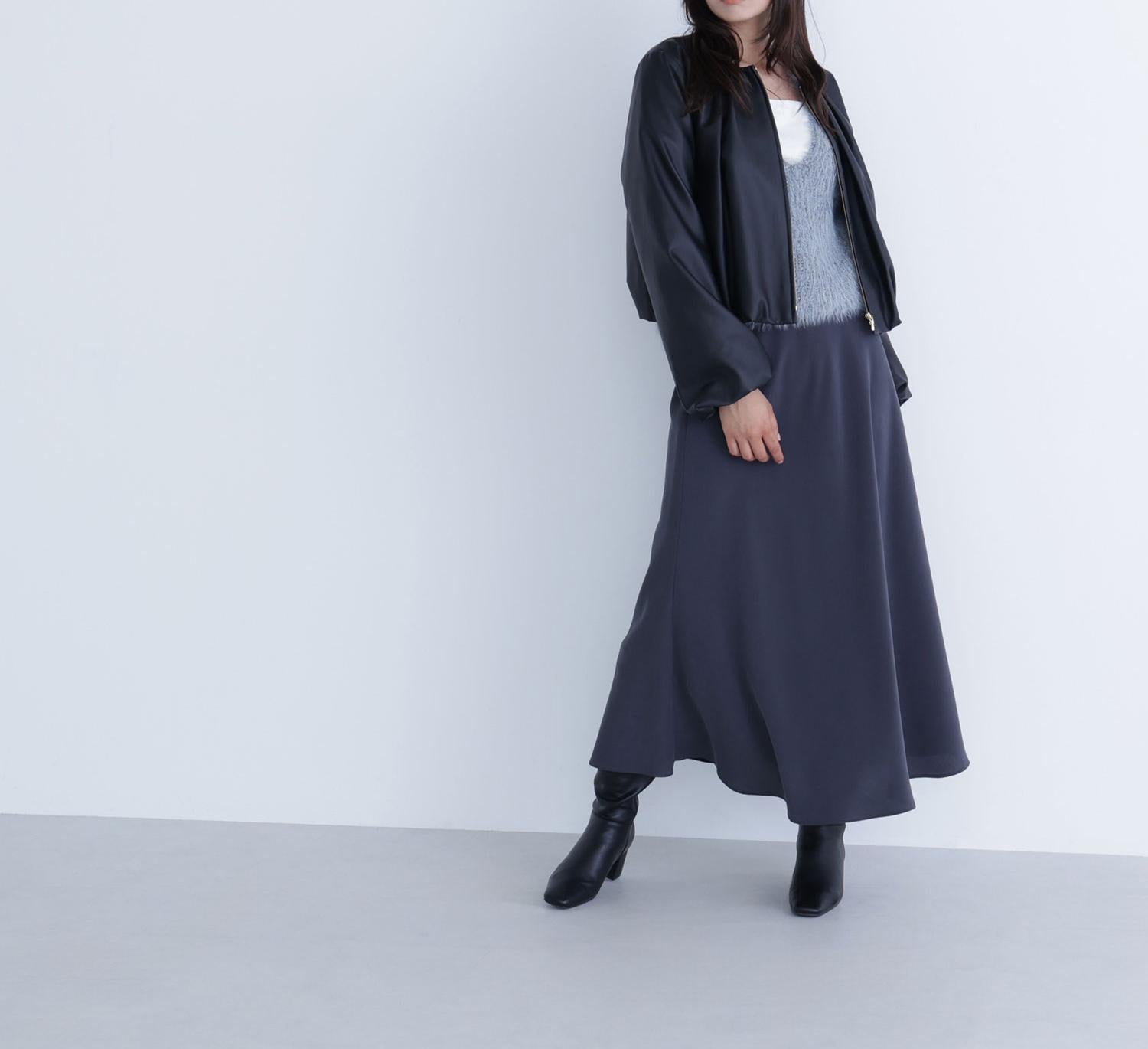 フェイクレザーギャザーブルゾン ブラック