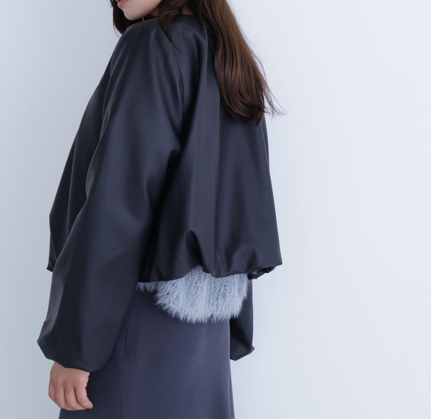 フェイクレザーギャザーブルゾン ブラック