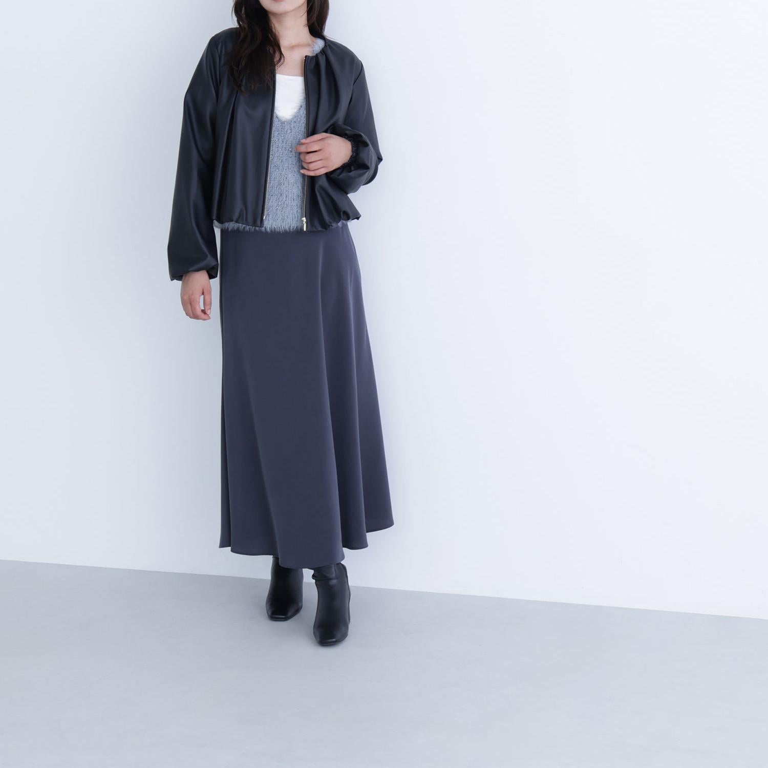 フェイクレザーギャザーブルゾン ブラック