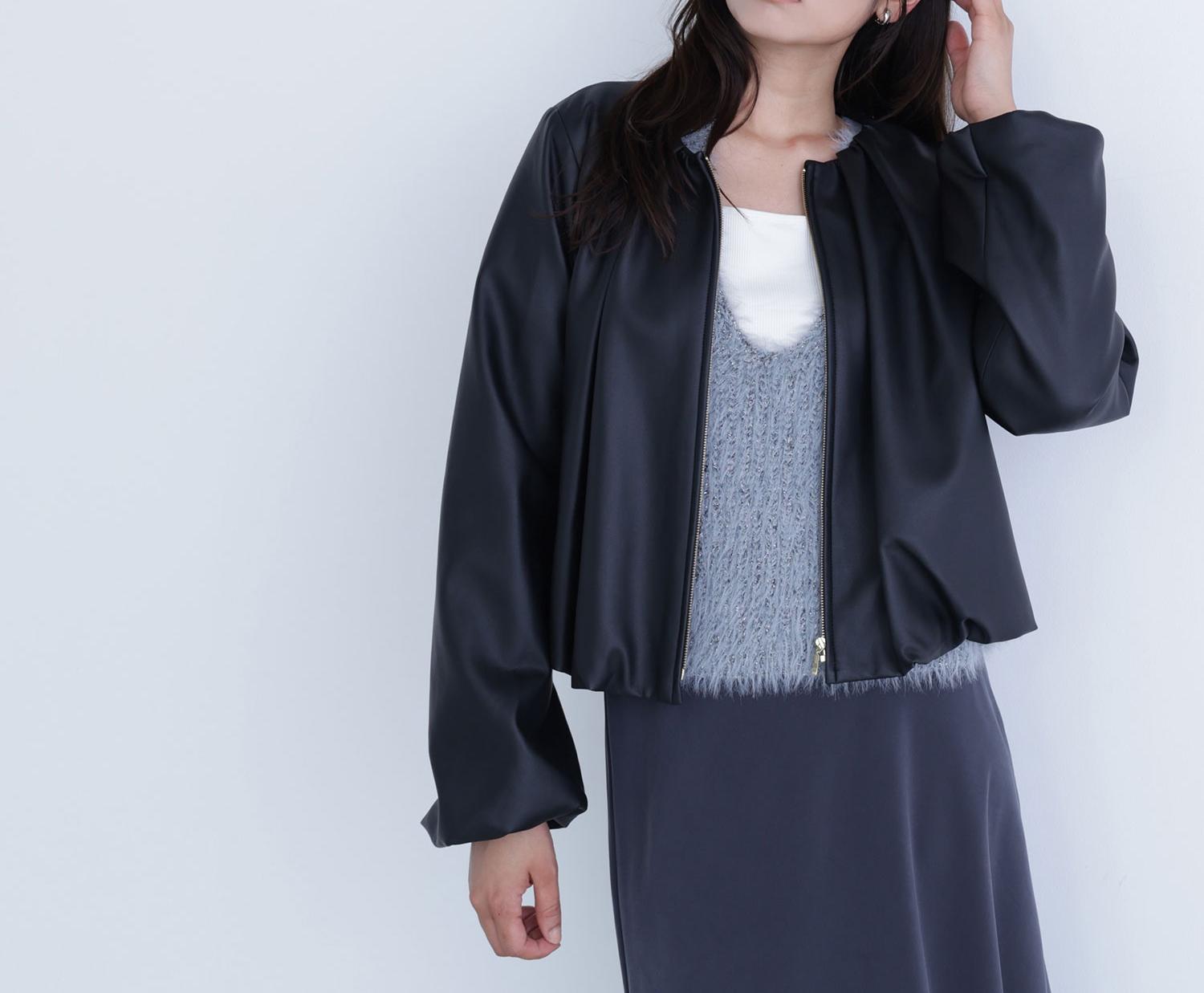 フェイクレザーギャザーブルゾン ブラック