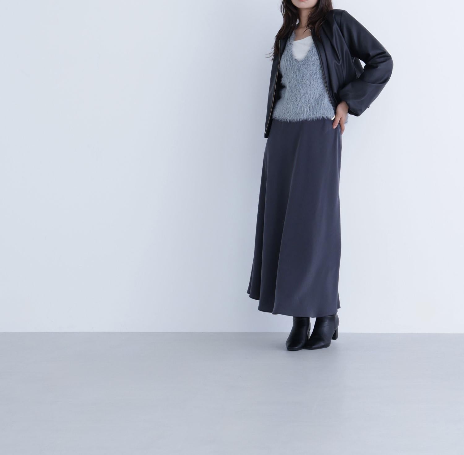 フェイクレザーギャザーブルゾン ブラック