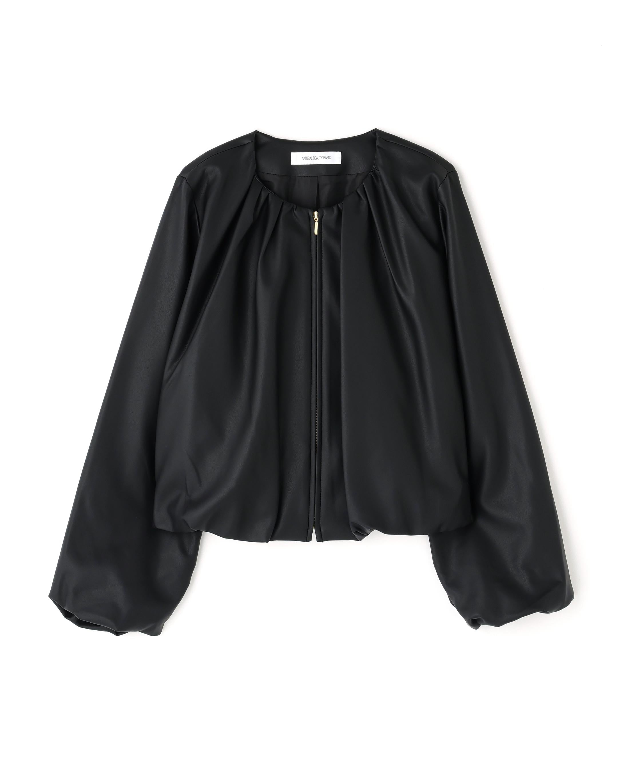 フェイクレザーギャザーブルゾン ブラック