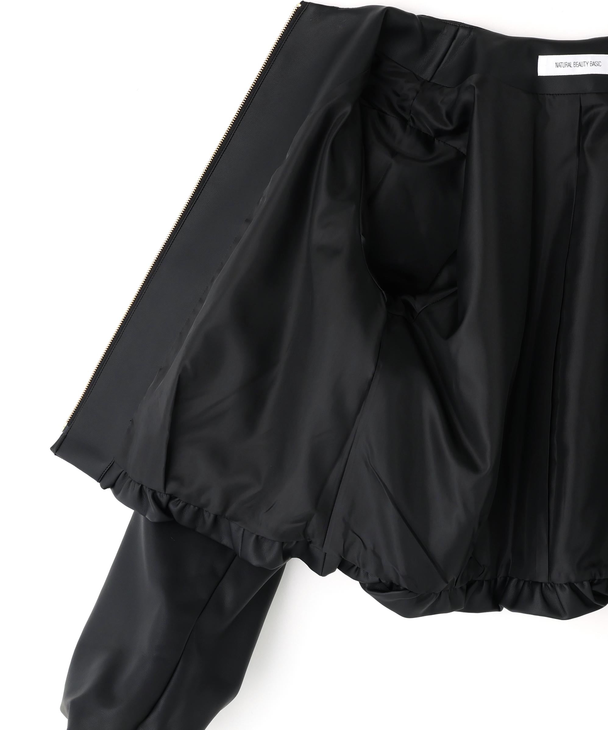 フェイクレザーギャザーブルゾン ブラック