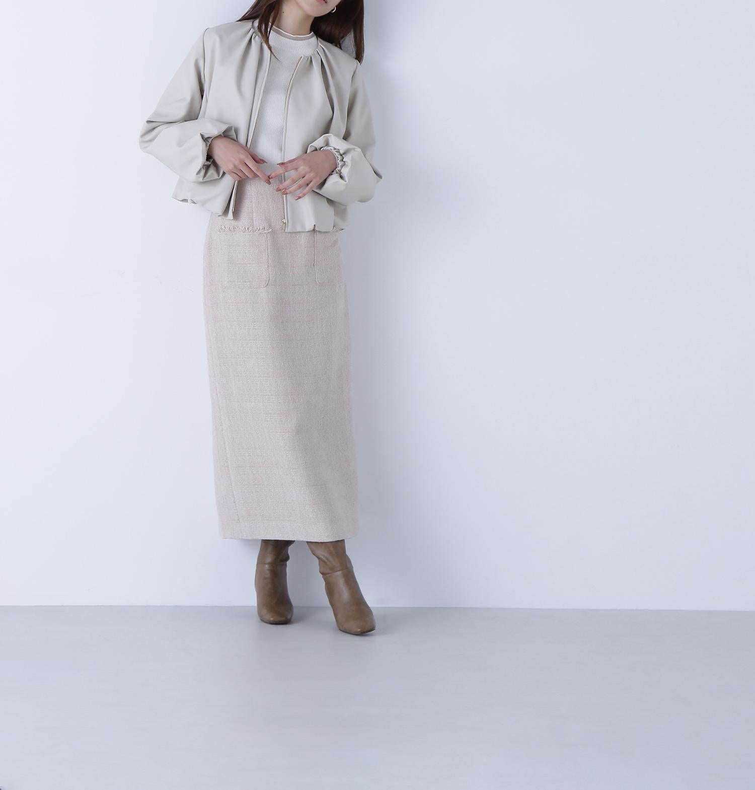 フェイクレザーギャザーブルゾン オフベージュ