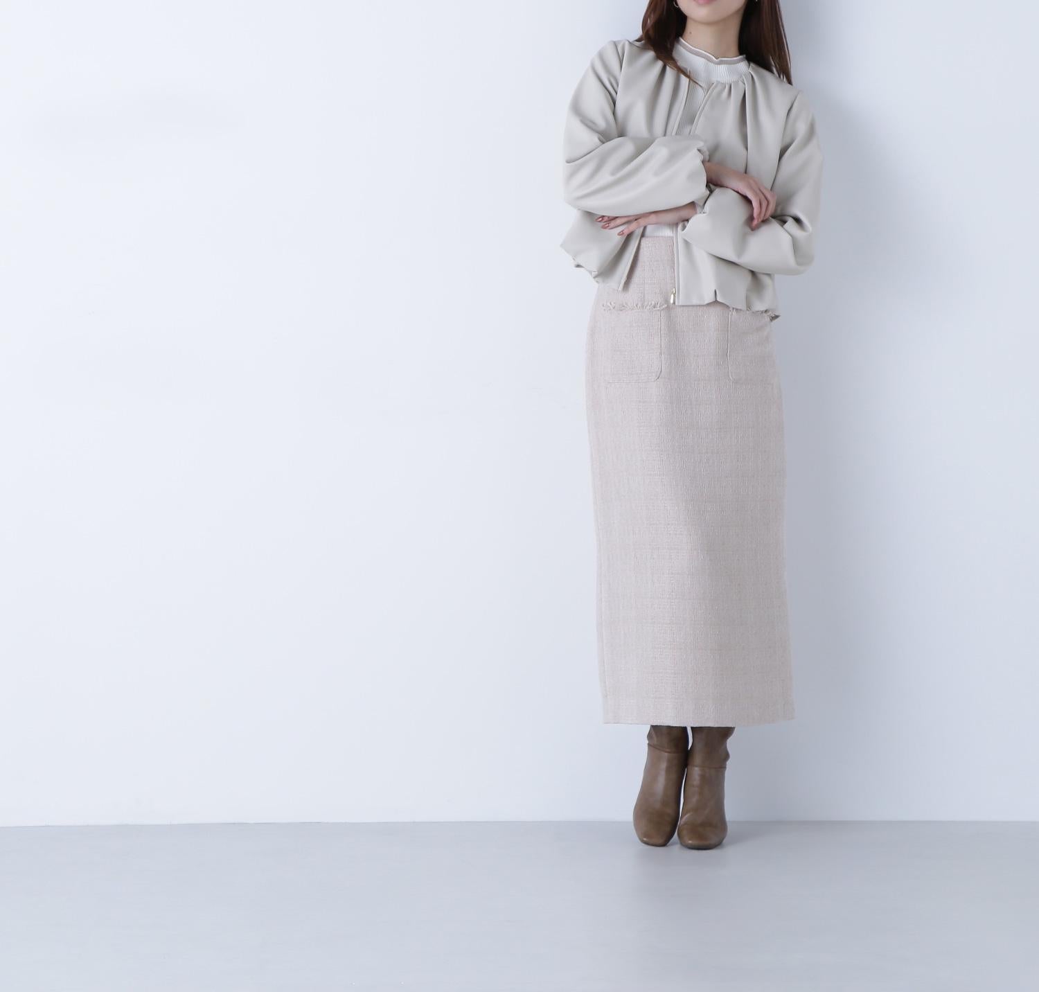 フェイクレザーギャザーブルゾン オフベージュ