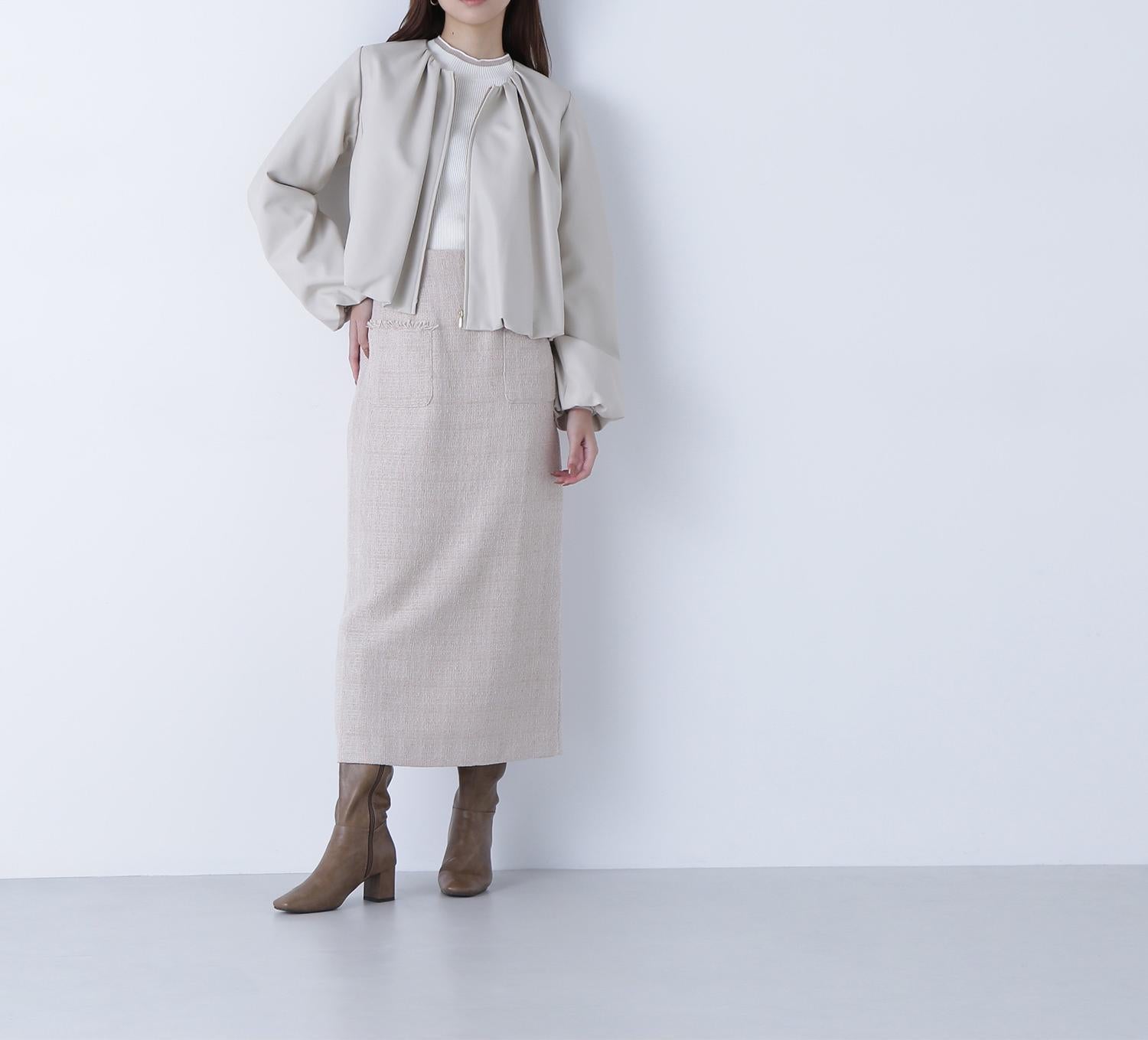 フェイクレザーギャザーブルゾン オフベージュ