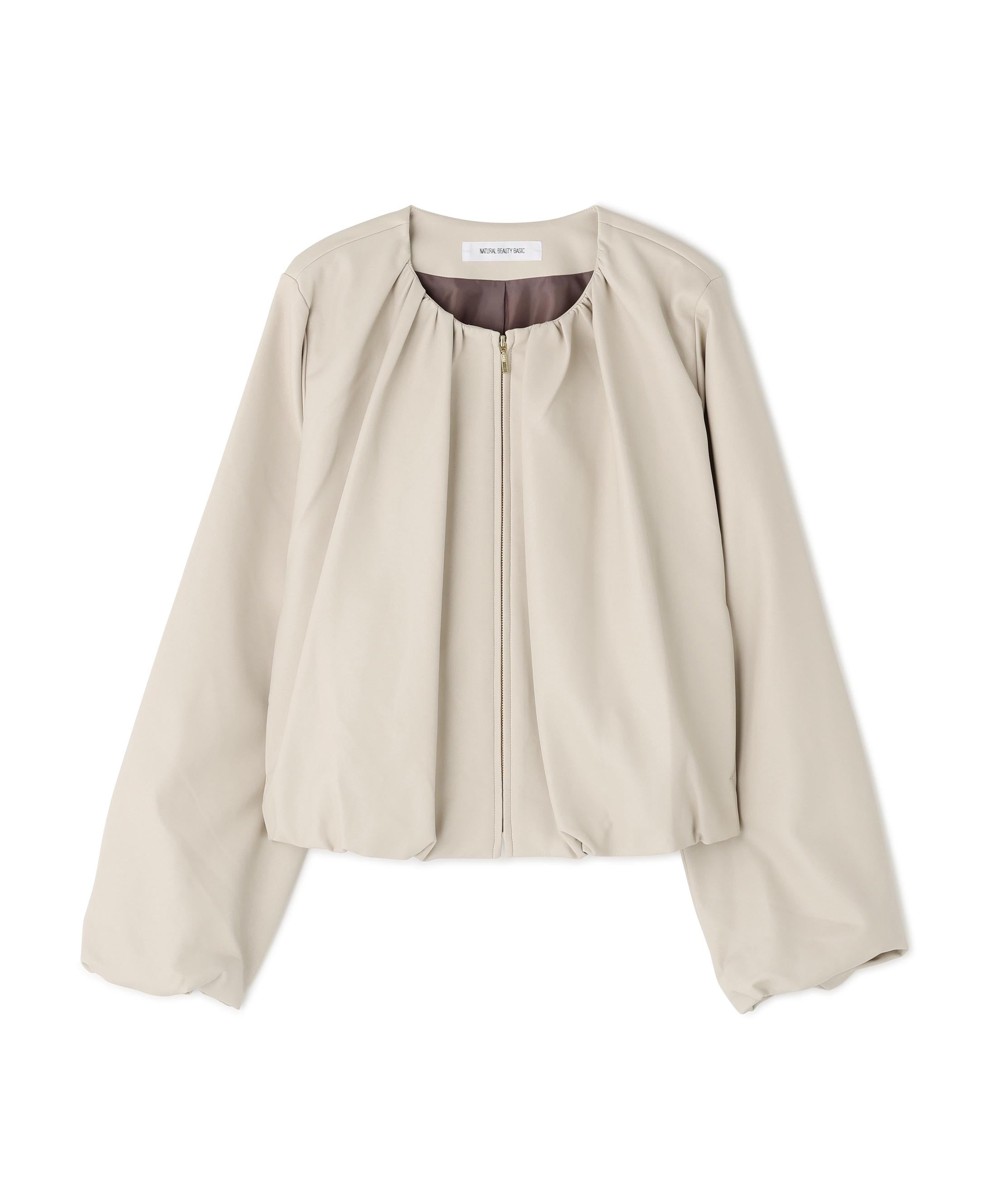 フェイクレザーギャザーブルゾン オフベージュ