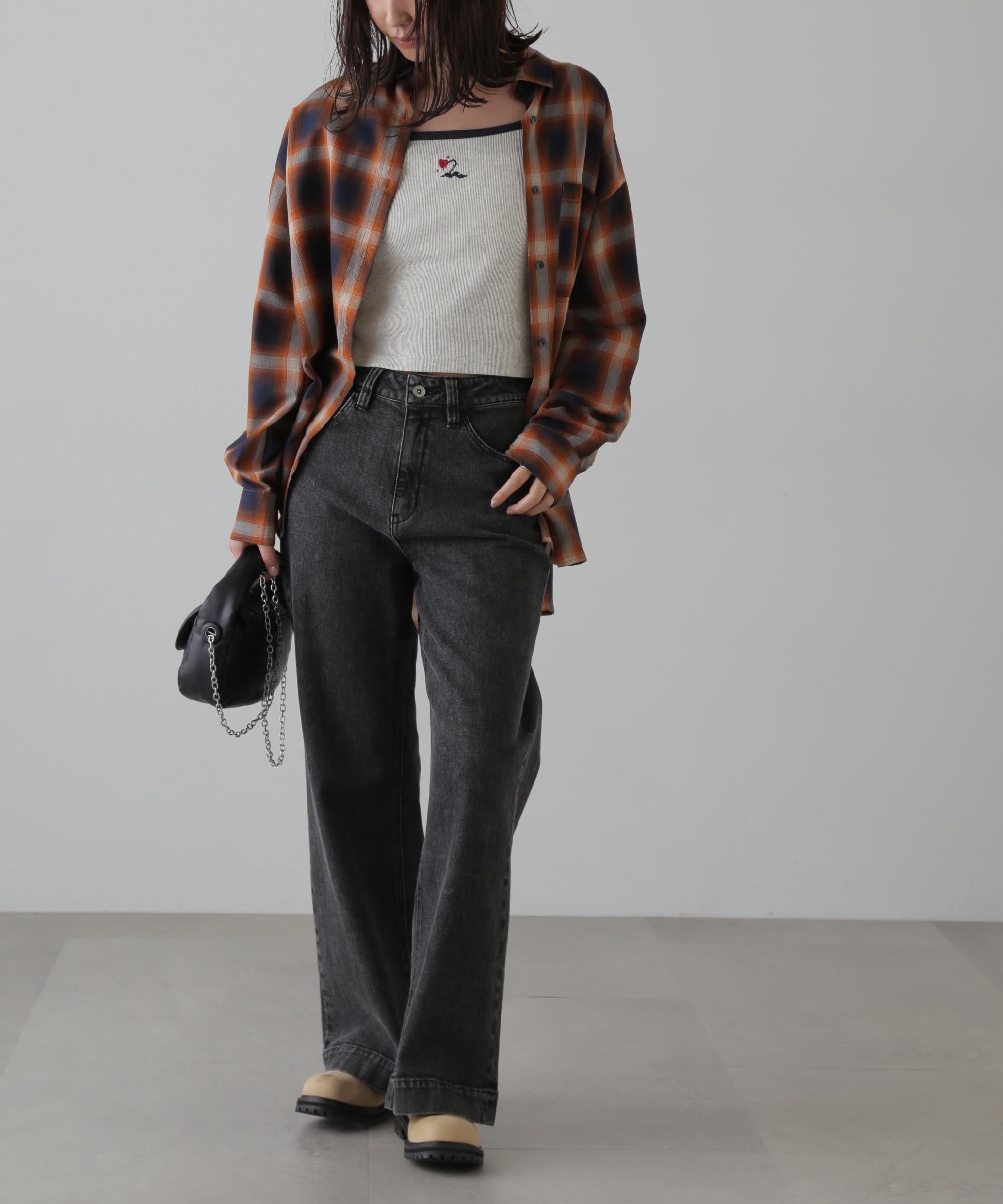 【4サイズ展開XS-L] ベーシックワイドデニムパンツ ブラックデニム1