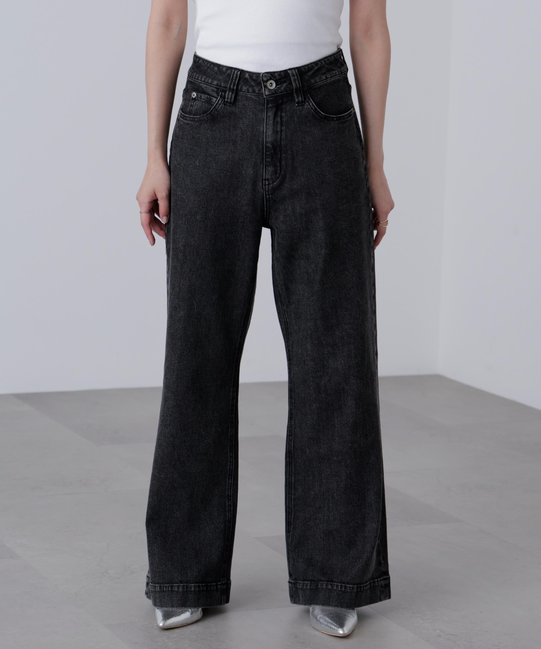 【4サイズ展開XS-L] ベーシックワイドデニムパンツ ブラックデニム1