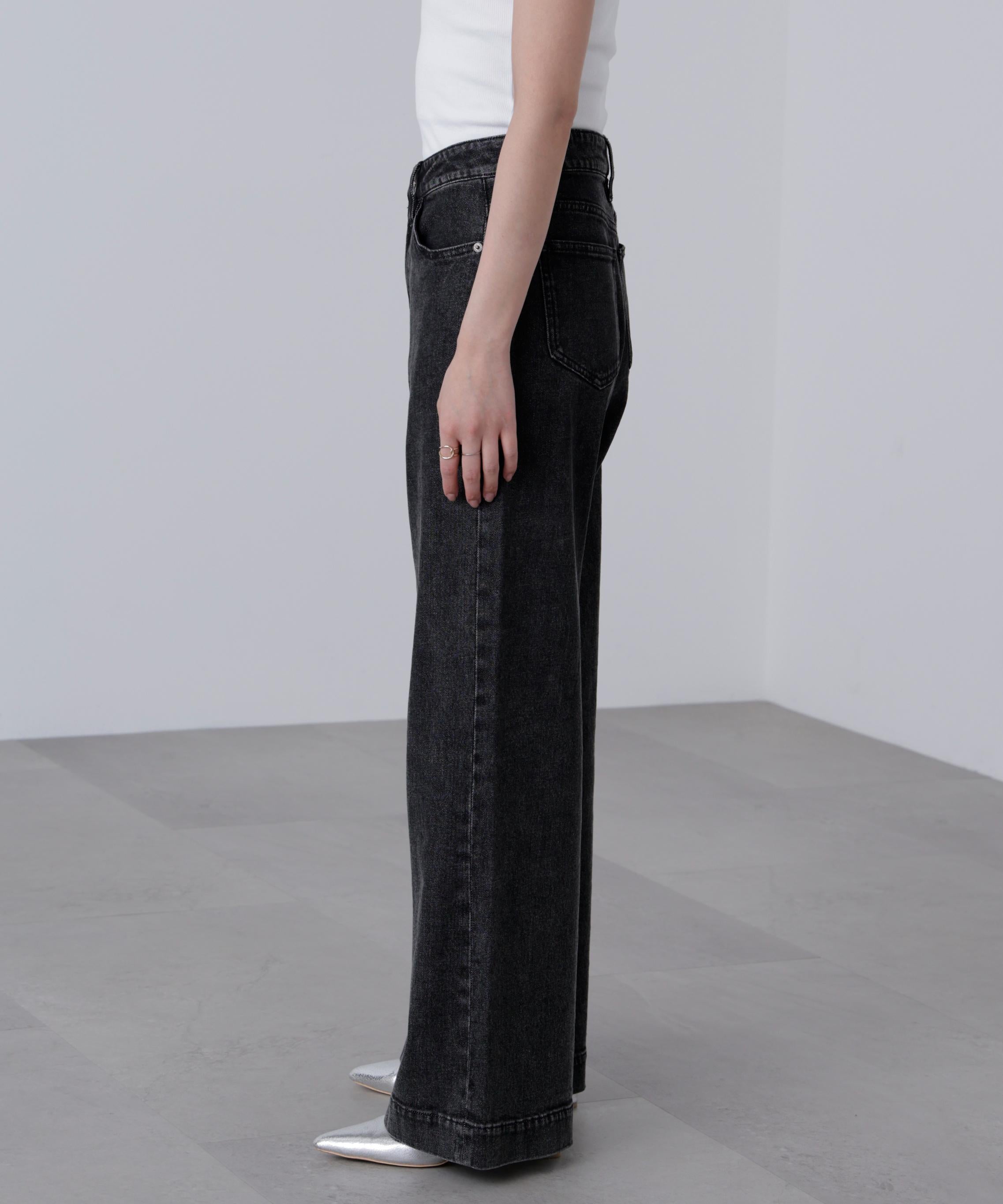 【4サイズ展開XS-L] ベーシックワイドデニムパンツ ブラックデニム1