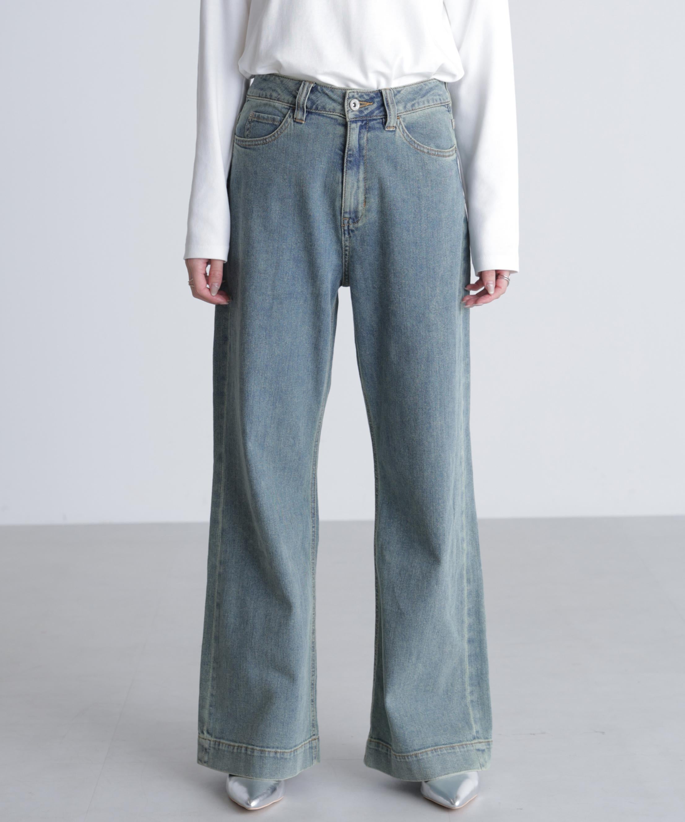 【4サイズ展開XS-L] ベーシックワイドデニムパンツ ブルーオーバーダイ5