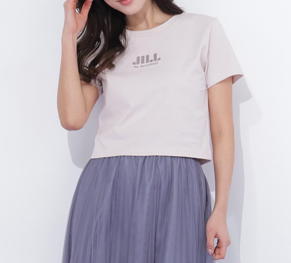 ショート丈刺繍ロゴTシャツオーガニックコットン ピンクモカ1