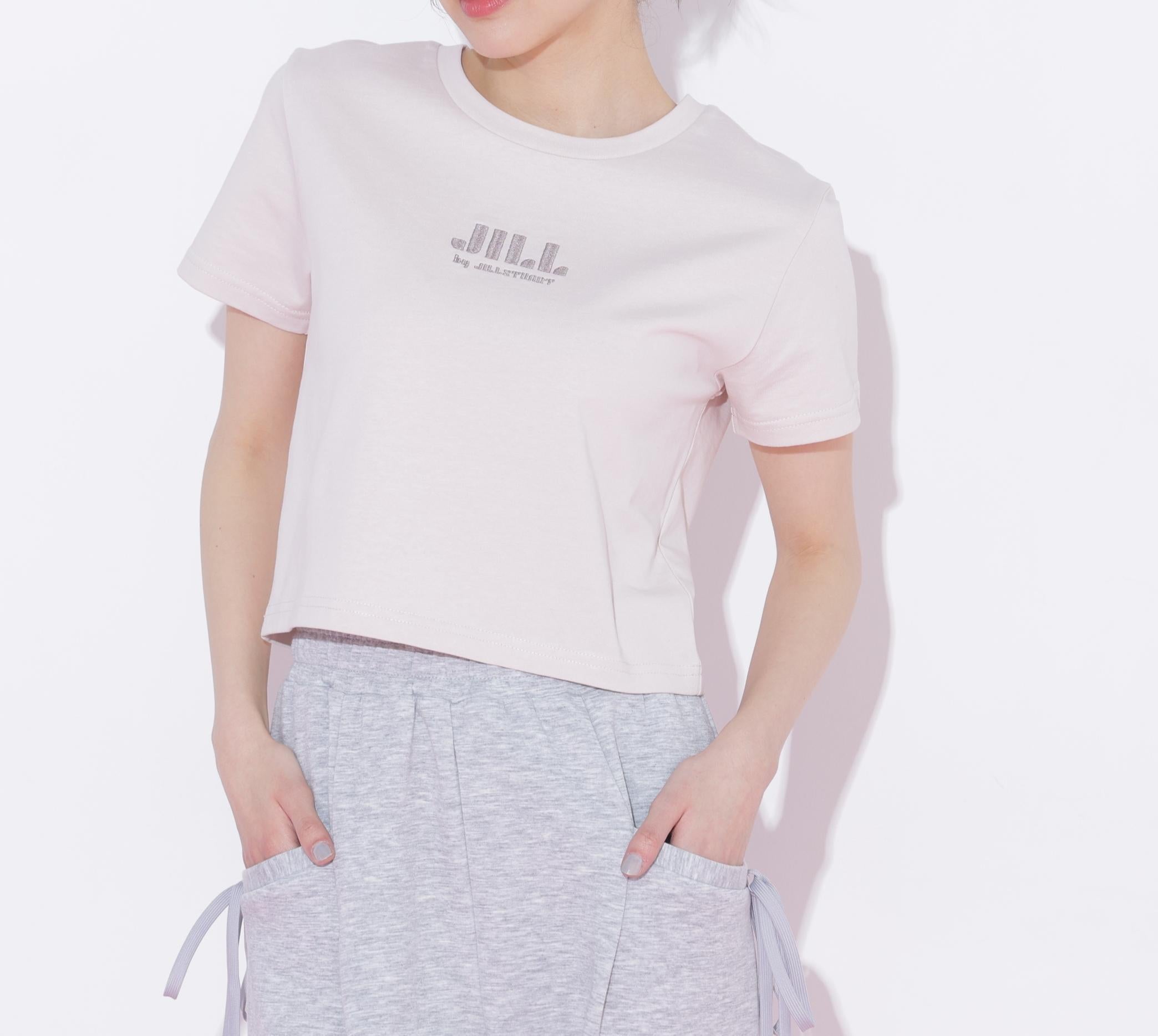 ショート丈刺繍ロゴTシャツオーガニックコットン ピンクモカ1
