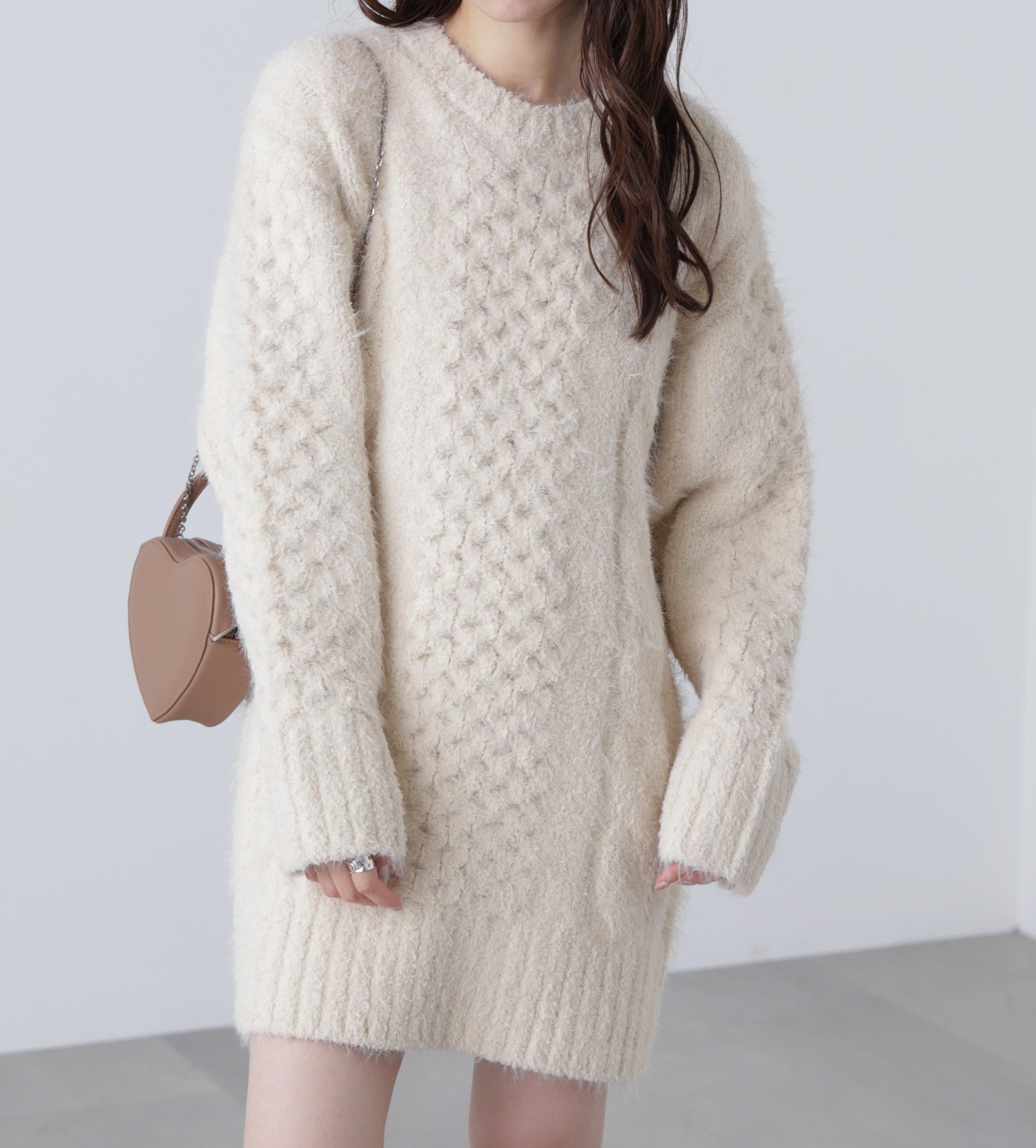 テディヤーンケーブル編みミニワンピース オフ